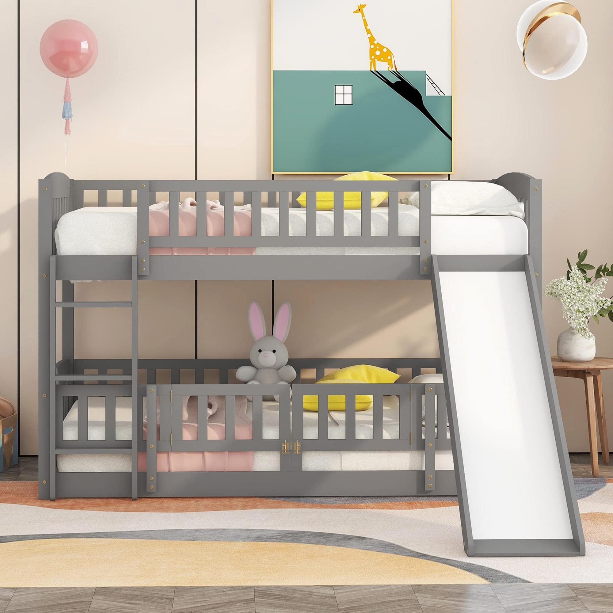 Amazon.com: Harper & Bright Designs Low Bunk Beds Twin Over Twin , Kids Bunk  Bed with Slide , Fence and Ladder , Wood Toddler Bunk Beds for Girls Boys ,  Grey : Everything Else