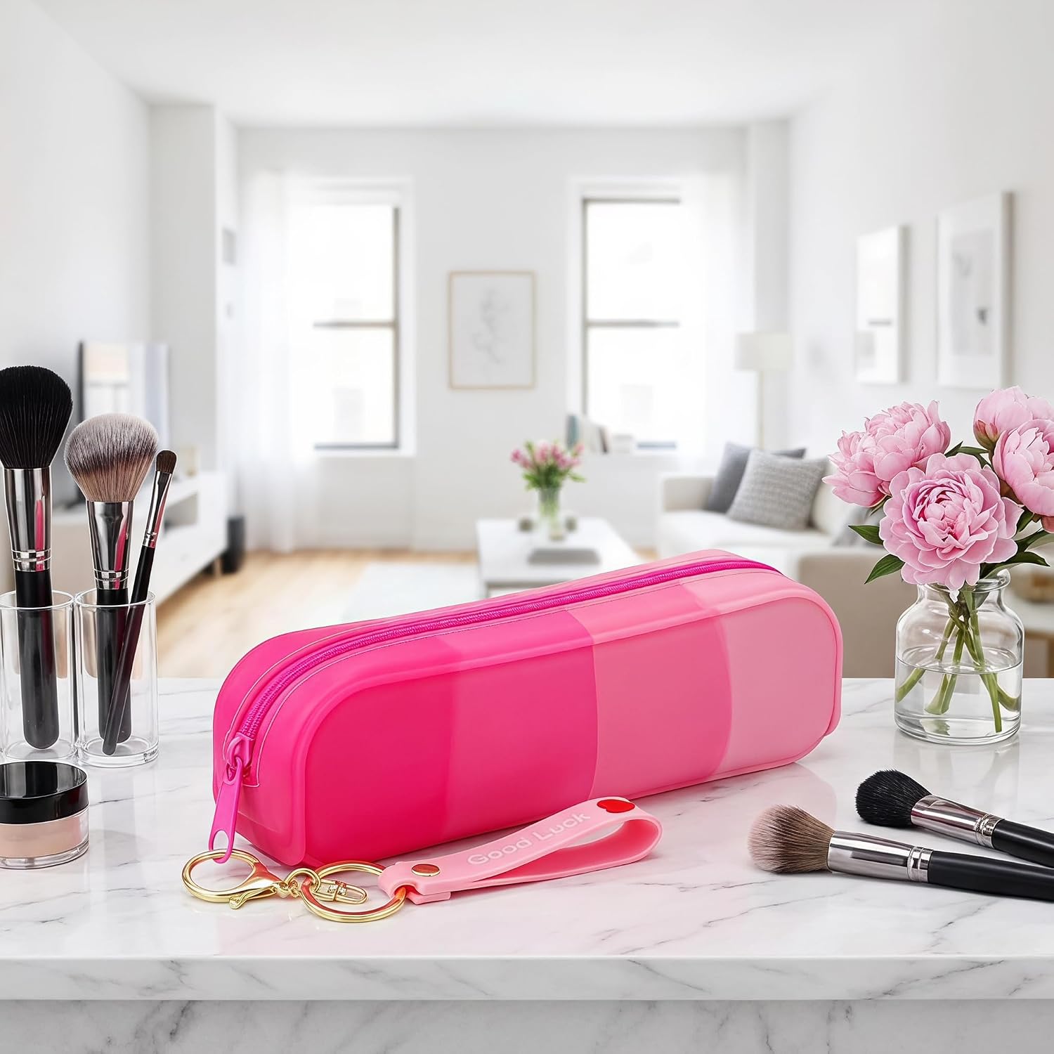 Siutaga 1 Pcs Silicone Pencil Case Portable Waterproof Pencil Pouch Gradient color Multifunctional for Pencils Makeup Organizer Travel Cosmetics Gifts for Women(pink) image 5