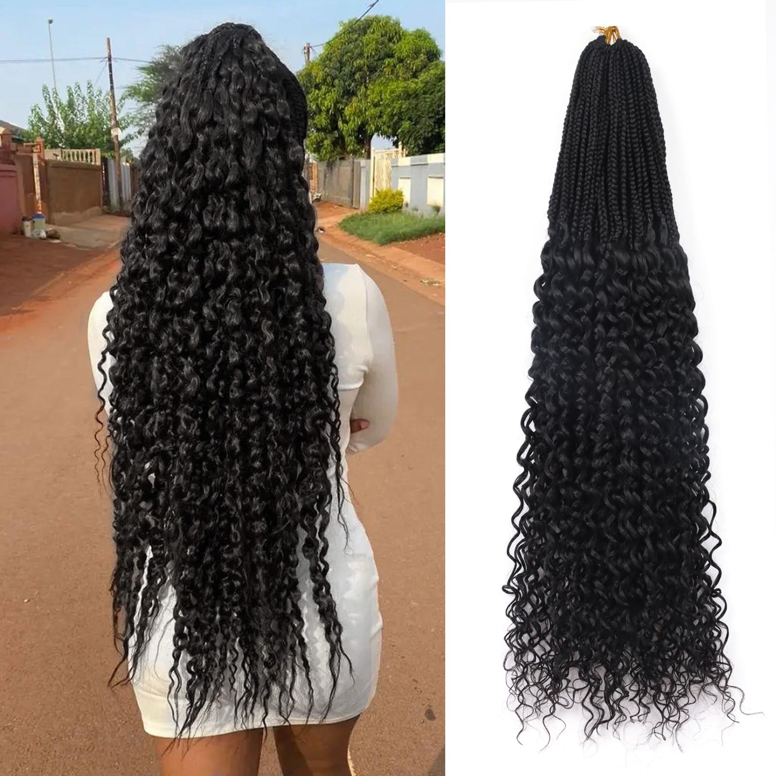30 Inch Long Goddess Box Braids Crochet Hair for Black Women 7 Packs Box Braids with Curly Ends Pre Looped Wavy Crotchet Braid (1B)