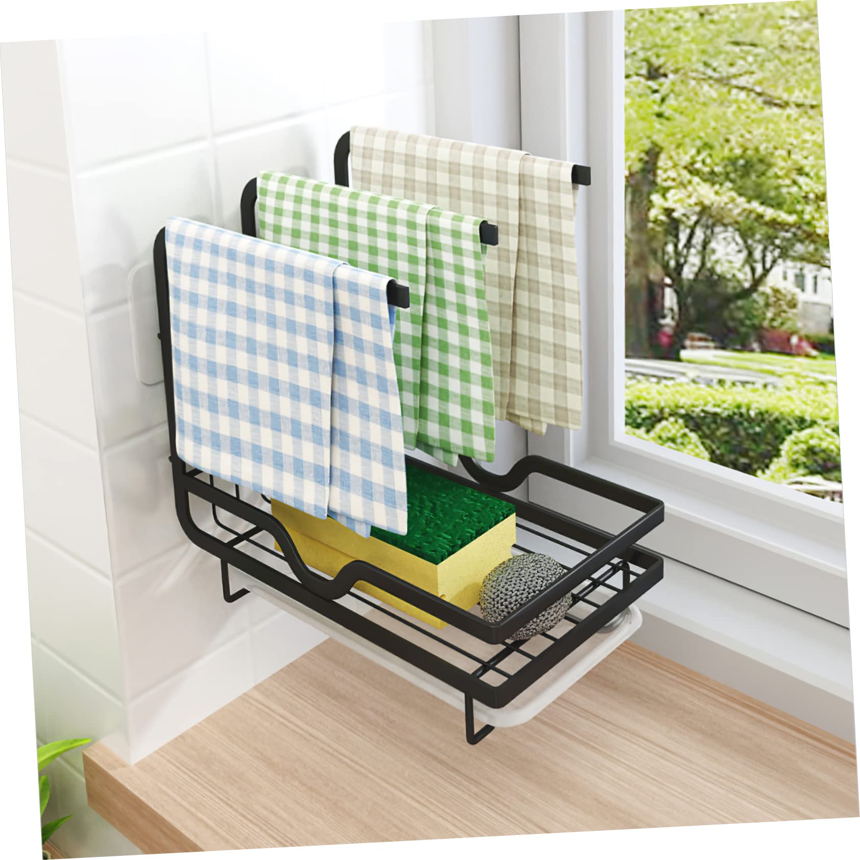 Cabilock Soporte Escurridor de Esponjas y Paños de Cocina, Organizador Metálico de Pared para Fregadero y Cocina, Negro