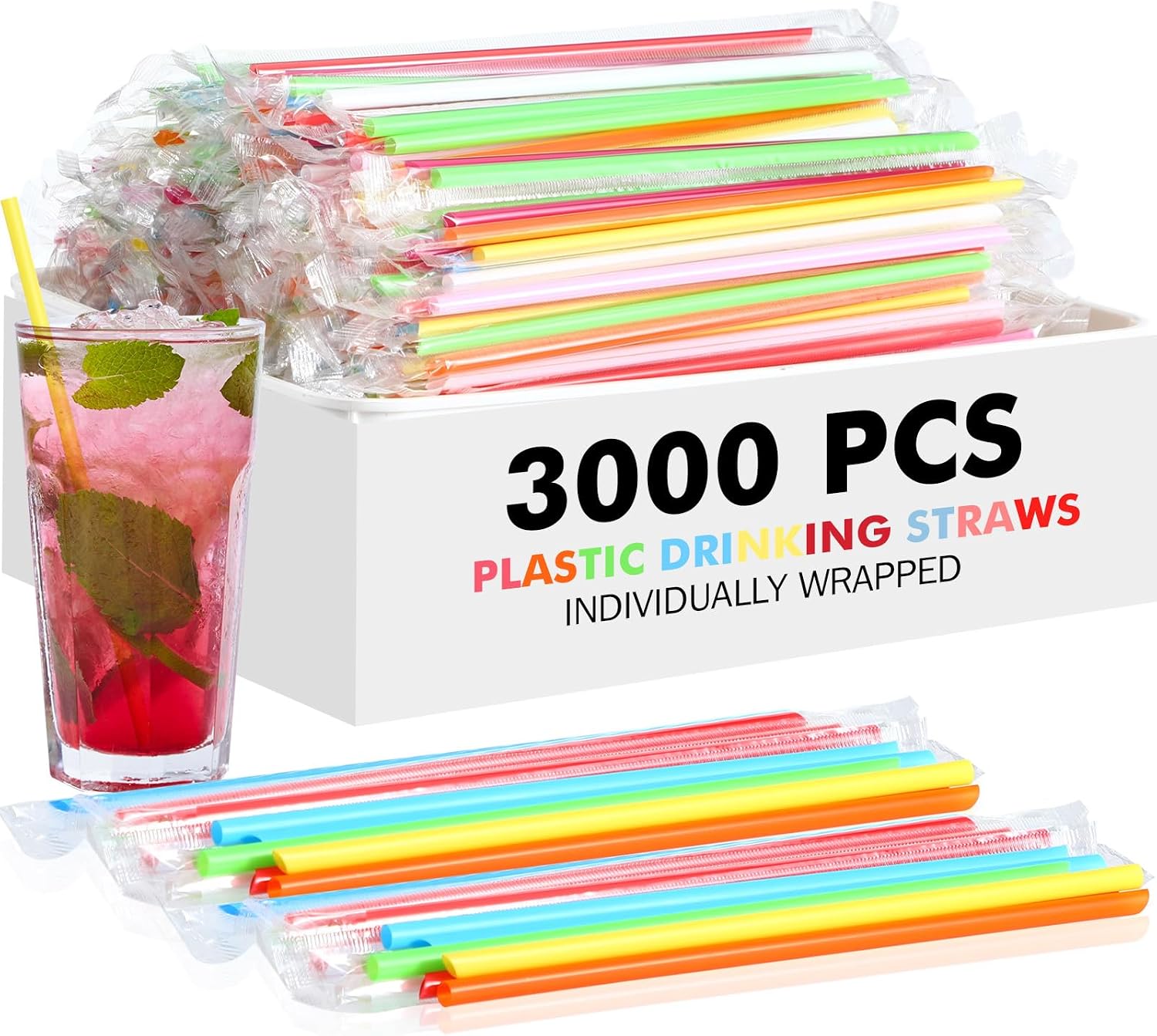 Potchen 3000 Pcs Multicolored Individually Wrapped Straws Bulk, 7.5 Inch Long 0.24 Inch Wide Disposable Plastic Straws for Party Restaurant Home Milkshakes Coffee Juice Drinks Beverage Smoothie