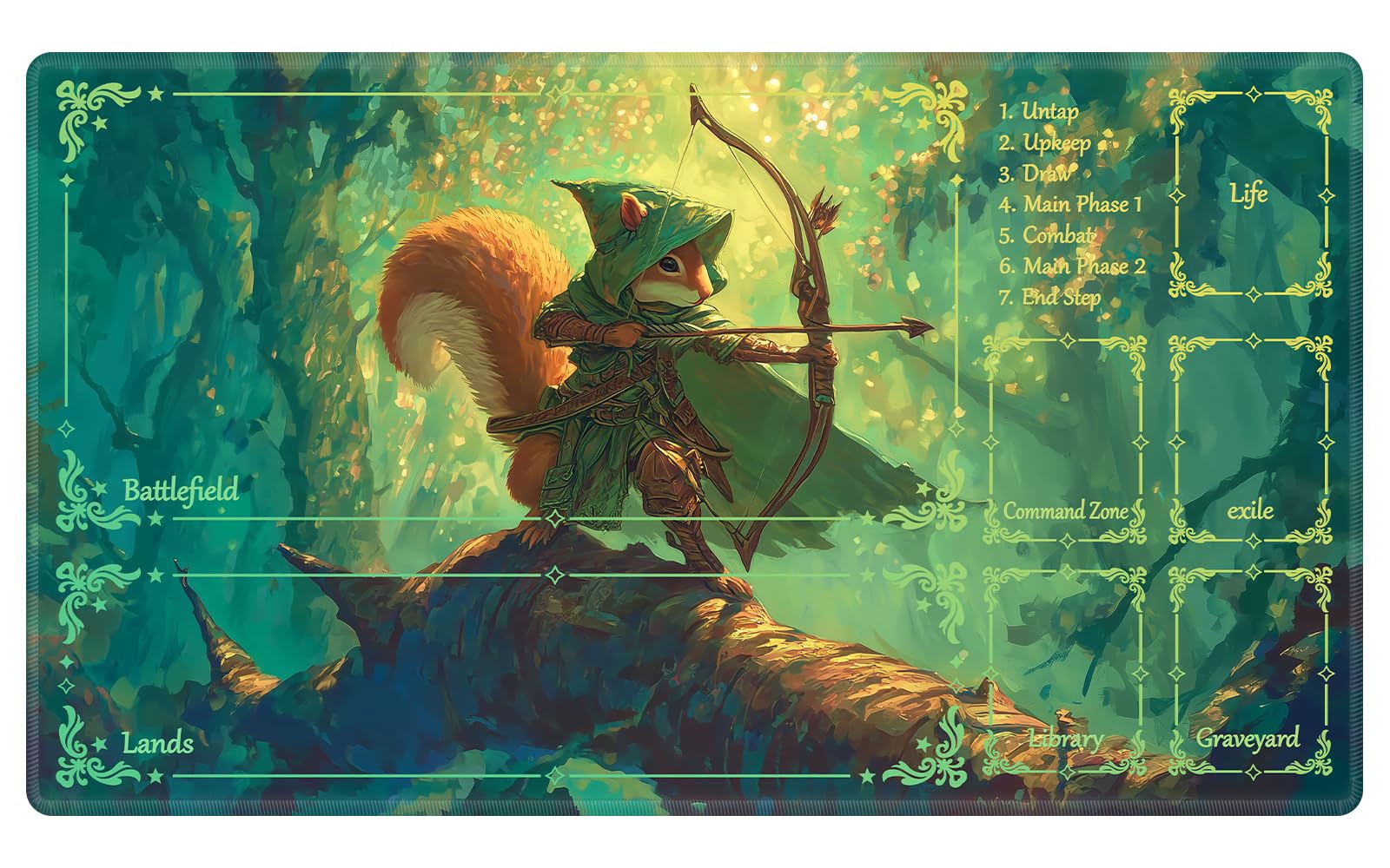 Fantasy Archer Squirrel MTG Playmat, EDGFRTOIO Magical Forest TCG Mat with Game Zones, Tabletop Magic Play Mats 24"x14" Non-Slip Rubber Base for Trading Card Games Battles