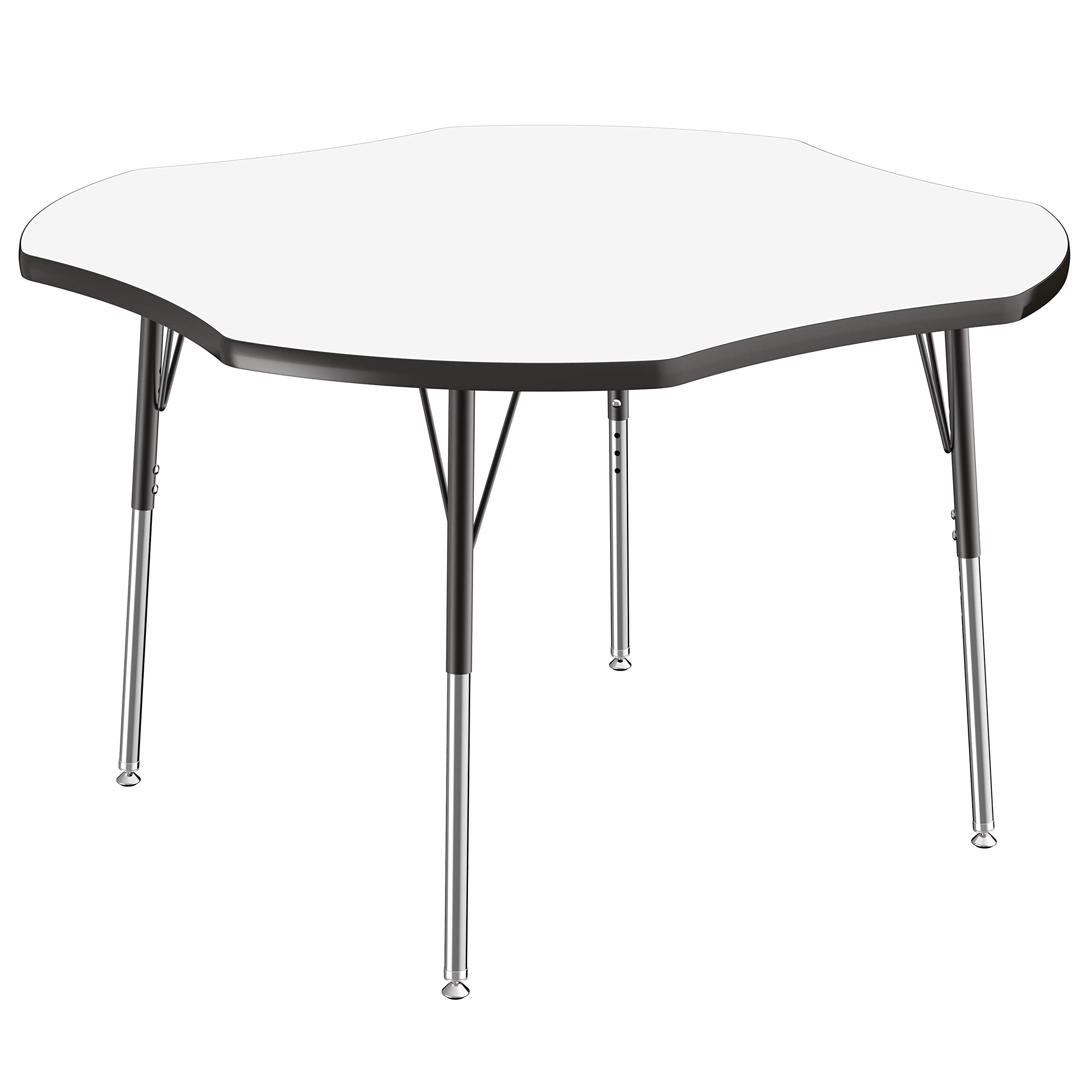 factory direct partners 10233-debk dry-erase clover activity school and office table (48" x 48"), standard legs with swivel glides, adjustable height 19-30" - whiteboard top and black edge