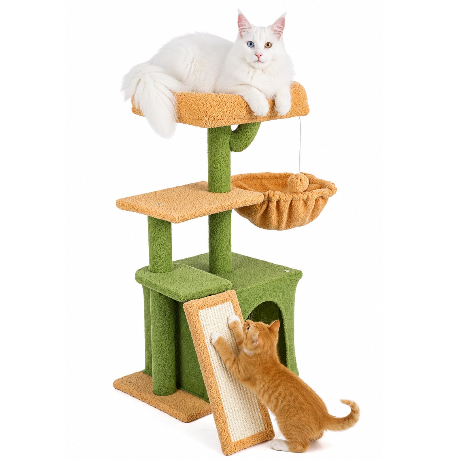 EVERGOODS Cactus Cat Tree for Indoor Cats, 79cm Small Cat Tower with Scratching Post Pad, Cat Condo, Window Hammock Basket and Plush Perch, Kitten Tree Furniture for Rest, Play and Scratching, Green