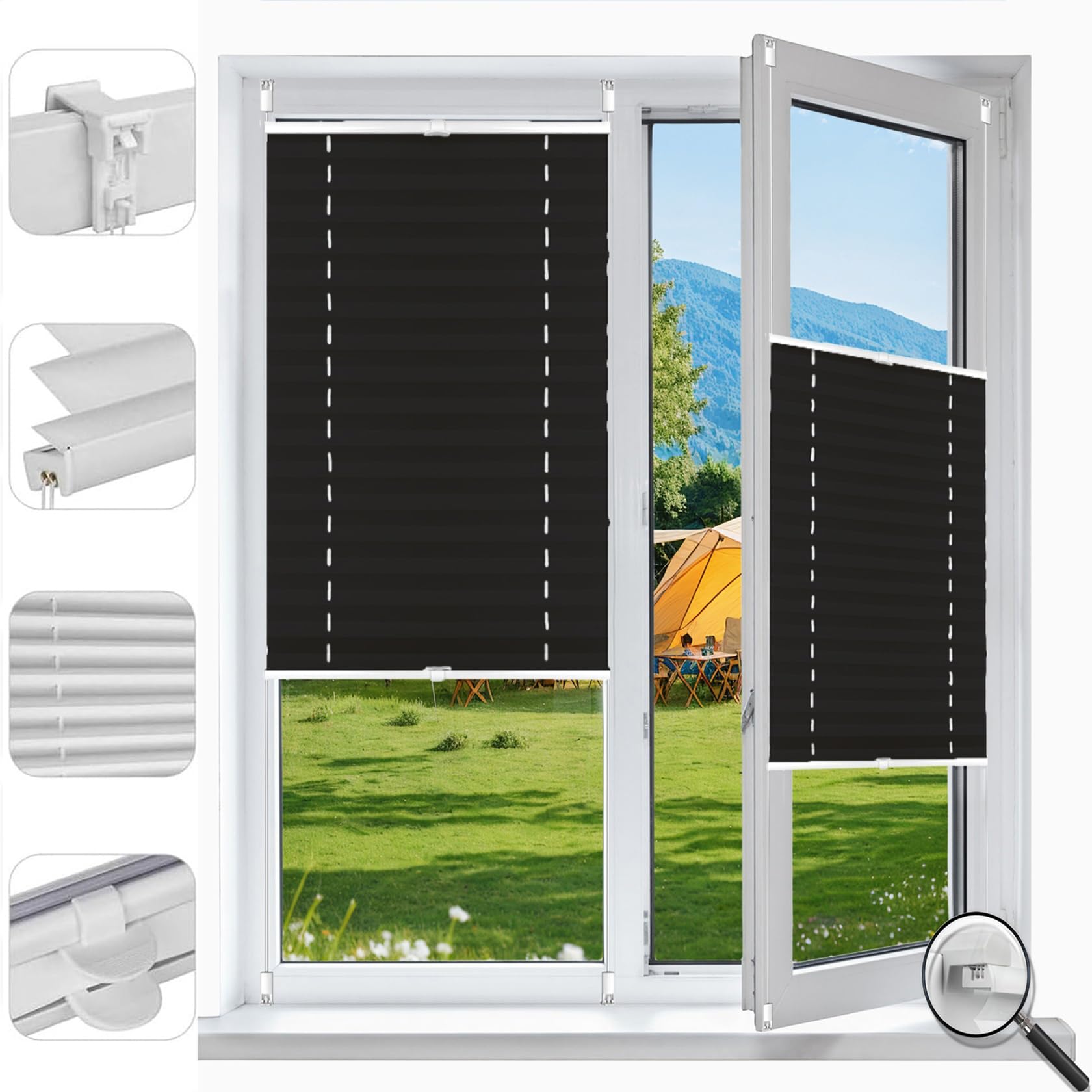 Klemfix Store Plissé Occultant sans Perçage 95 x 125 cm, sans Perçage, Opaques et Translucides, Store Occultant sans Perçage, Store Occultant Portable, pour Fenêtres, Noir
