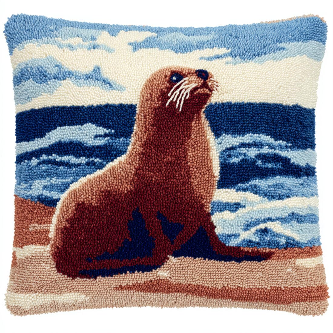 Kitquiver P Animal Latch Hook Cushion Craft Kits Cartoon Seal Cushion Illow Front Chunky Cross Stitch Kits Diy Embroidery Needlepoint Kit For Home Décor 17X17in
