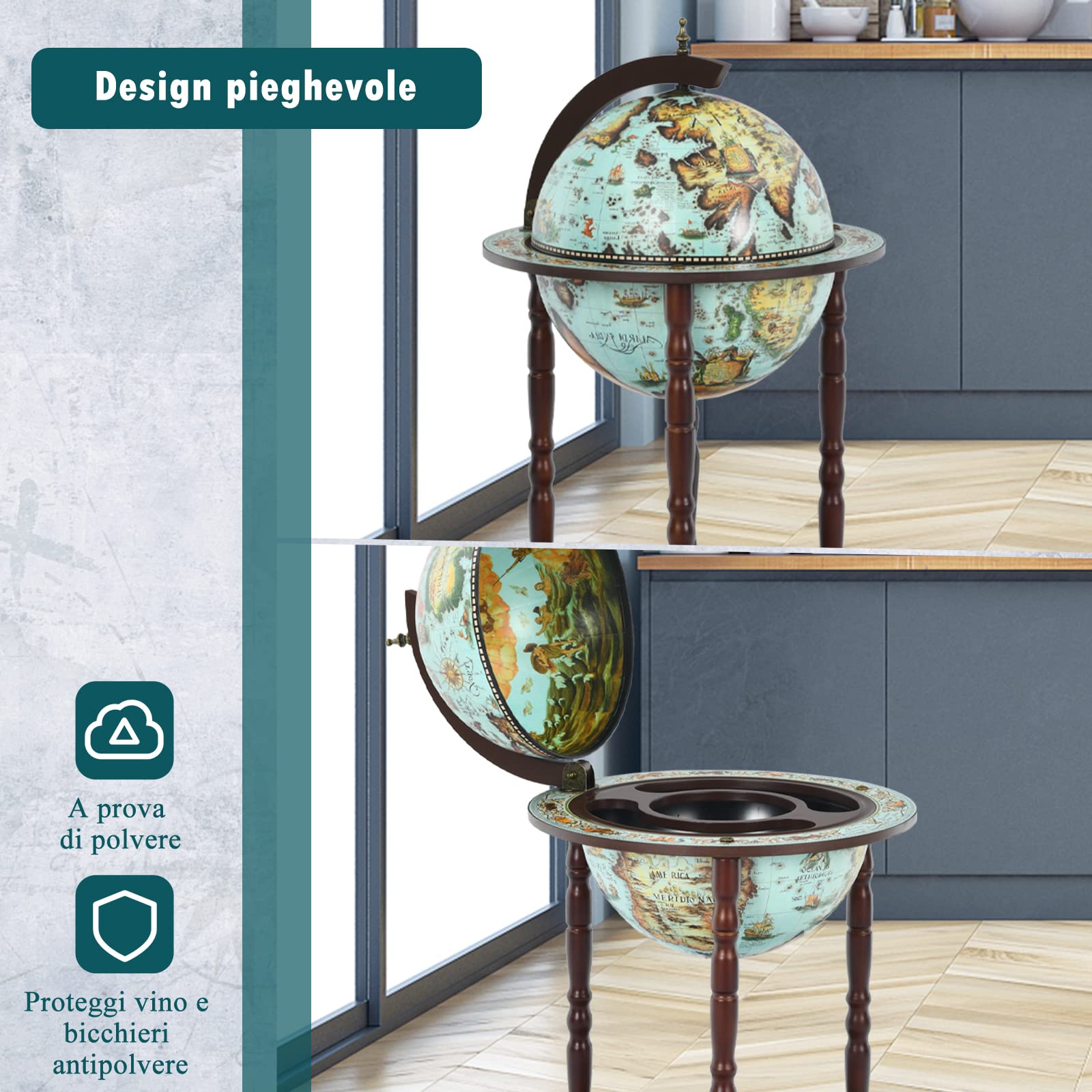 Portabottiglie Mappamondo GOPLUS In Legno Con Ruote - Carrello Bar Vintage 88x70x45cm - Foto 12