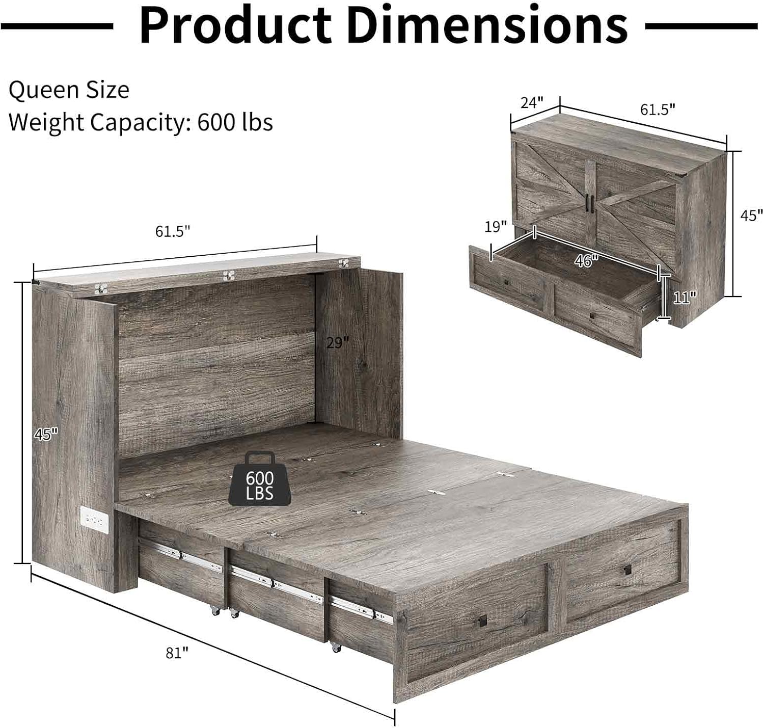 Product dimensions diagram for the Murphy Bed Cabinet