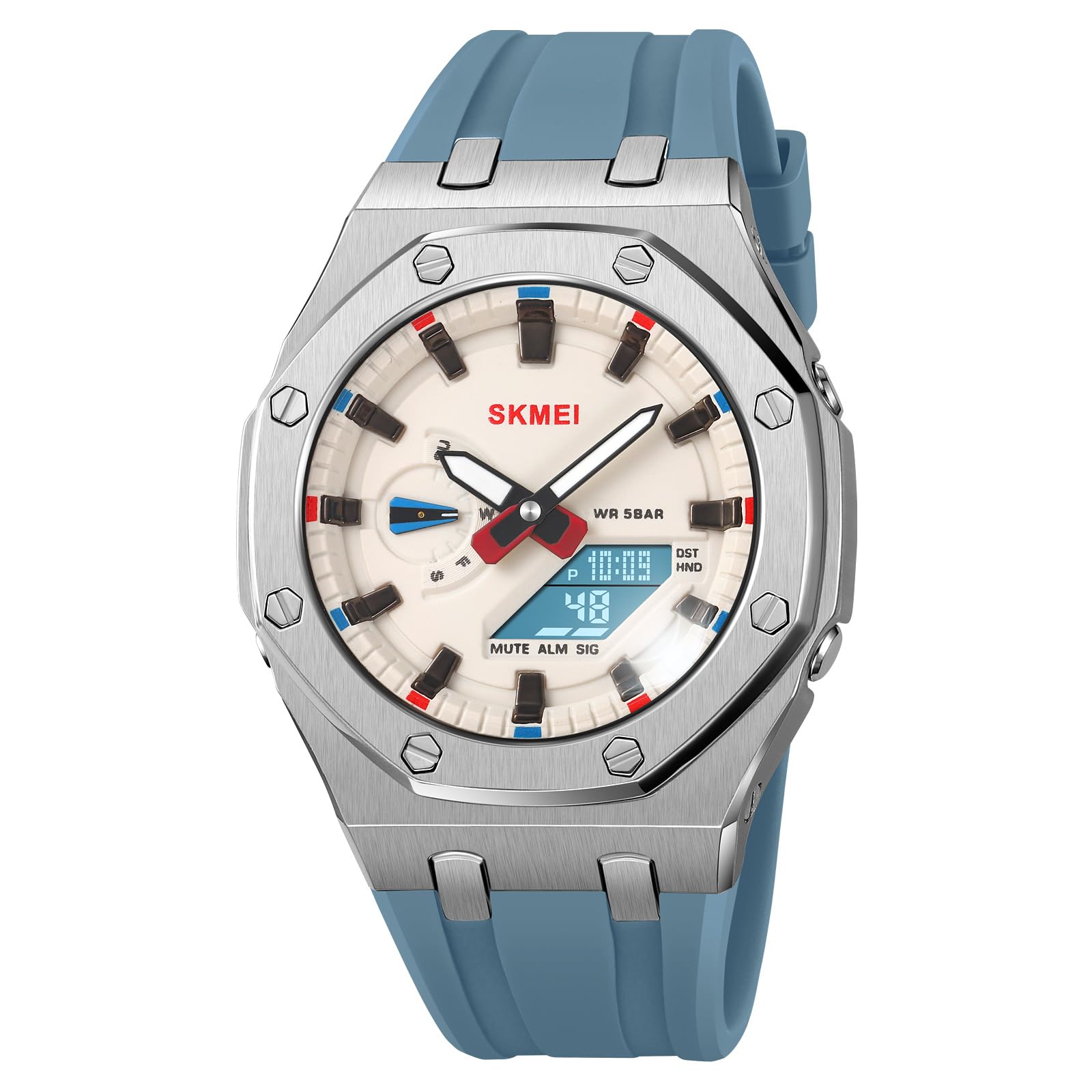 SKMEI Silicone Men Dual-Display With Luminous 50M Waterproof Anagloue Digital Analogue - Digital Watch For Men (Silver/White Light Blue Strap), Gold Dial, Black Band (B0CP92XVKB) Amazon Price History, Amazon Price Tracker