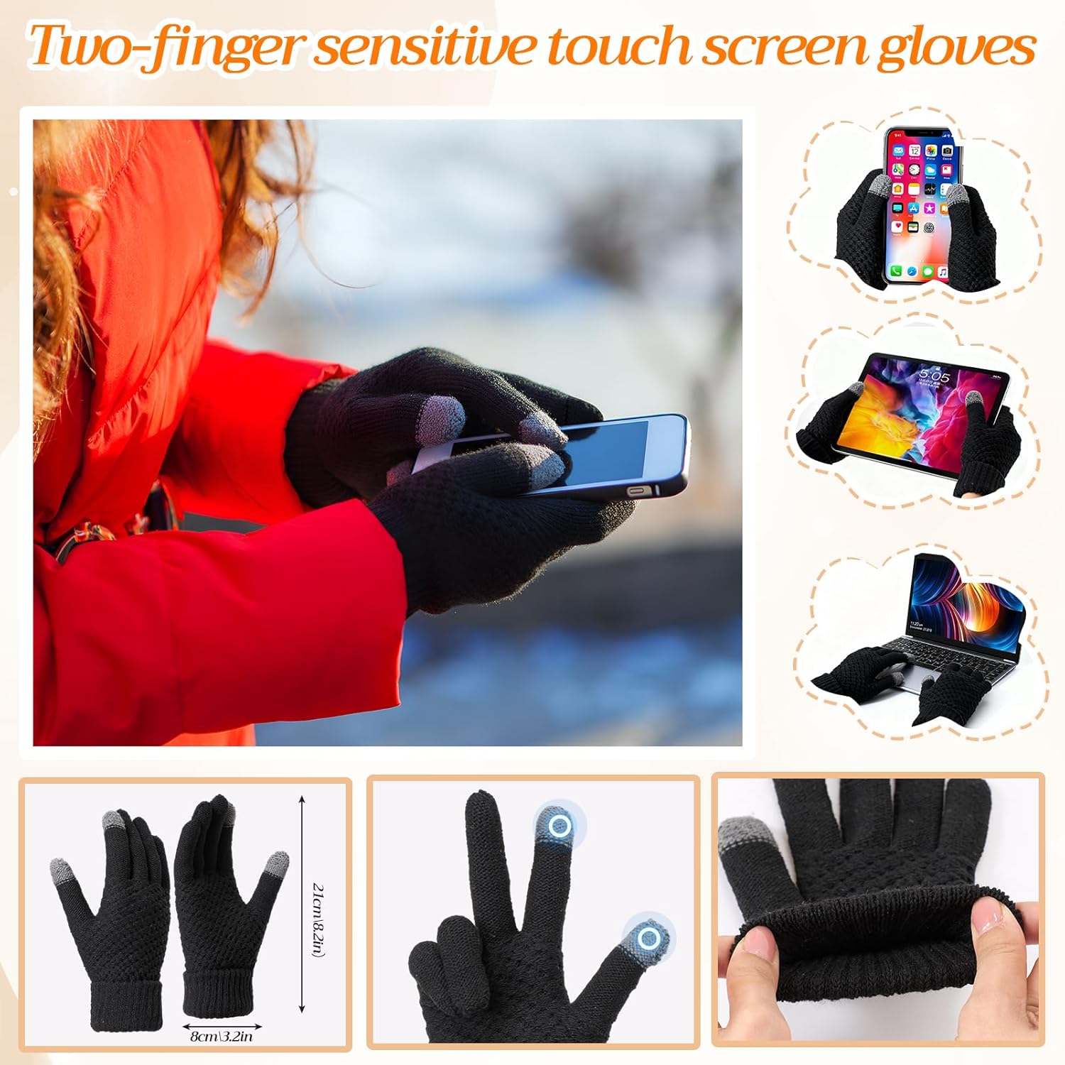 4 pcs Winter Warm Set for Women, Knit Beanie Hat with Brim, Touch Screen Gloves, Long Plaid Scarf & Ear Warmer - Image 4