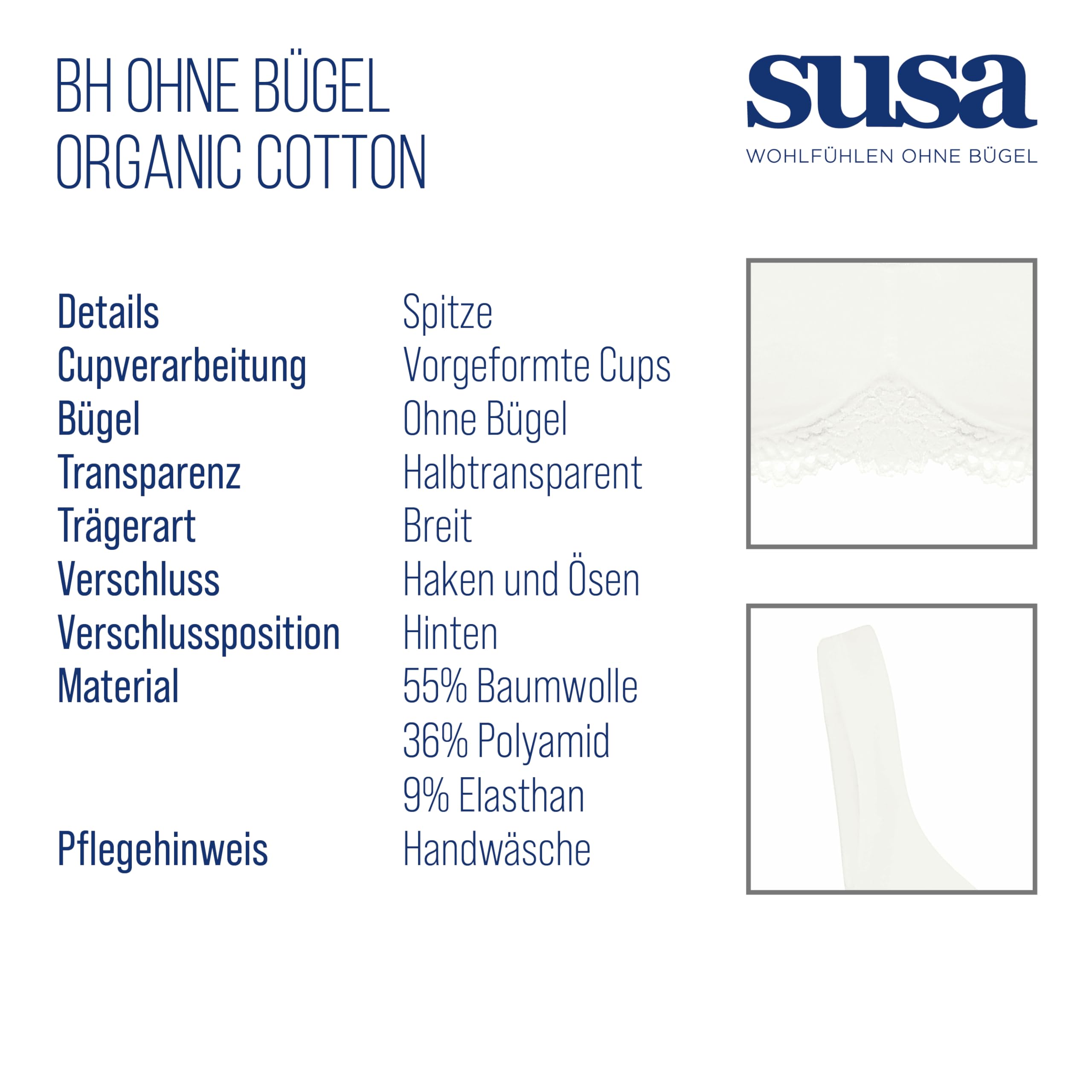 Susa Damen Damen BH Ohne Bügel Gemoldet Organic-Cotton Bügelloser BH