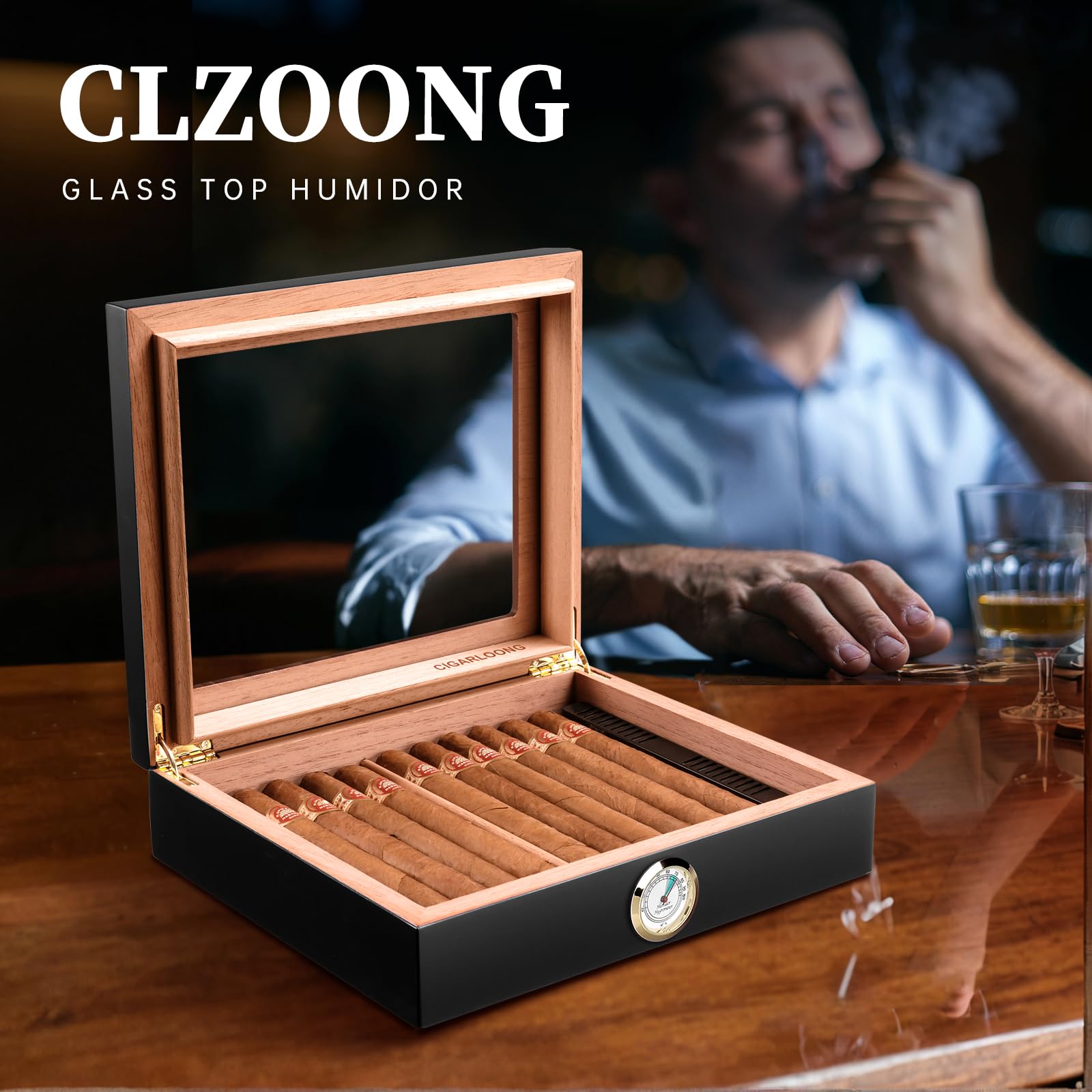 Zigarren Humidore Spanisches Zedernholz, Eleganter Humidor mit Hygrometer und Befeuchter & Zigarrenschneider Zedernholz Humidor Etui Zigarren-Desktop-Box Geschenke für Männer (Schwarz)