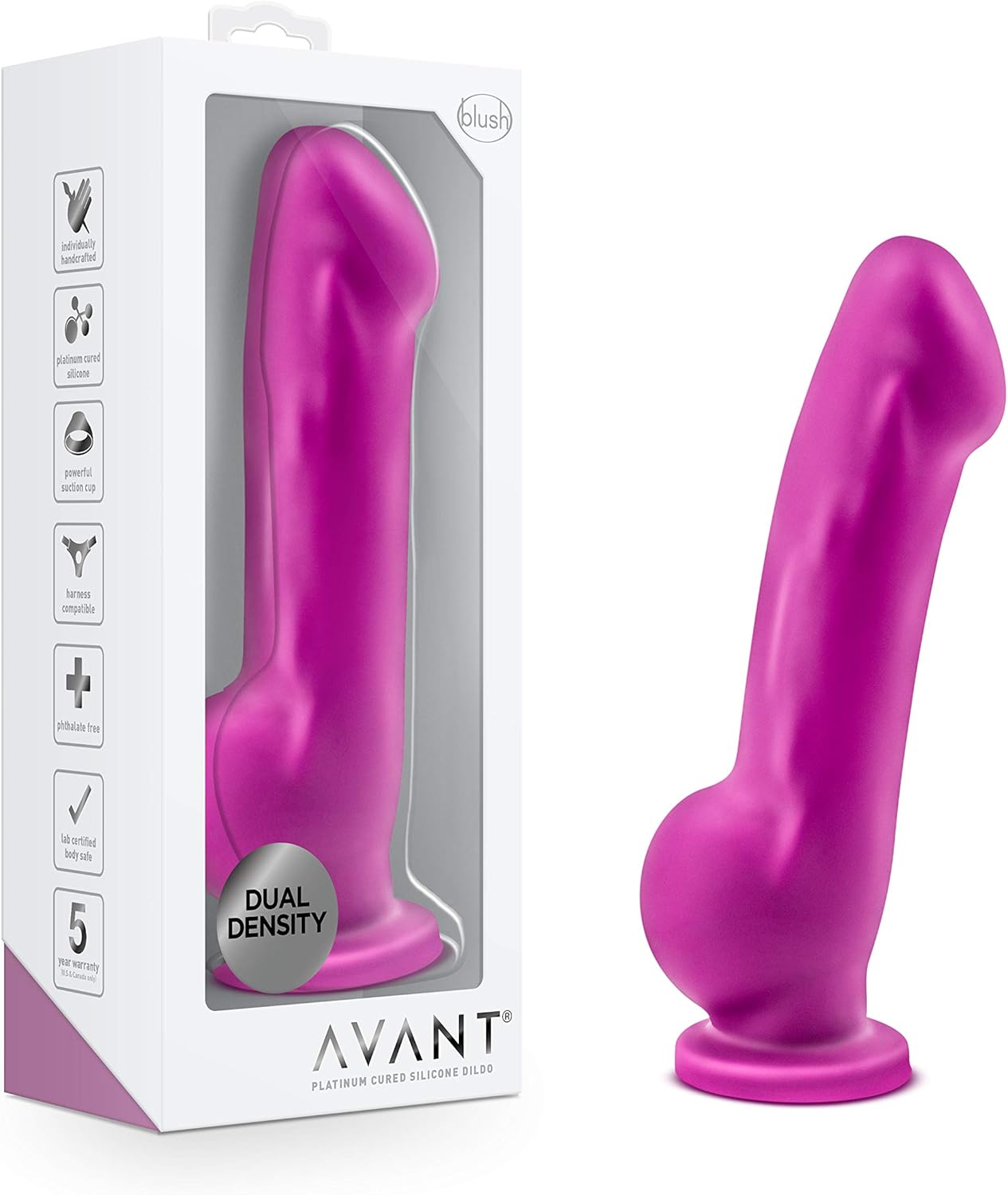 Blush Adult Sex Toys – Avant D7 Ergo – 7.5 Inch G Spot & P Spot Dildo – Platinum Cured Purio Ultrasilk Dual Density Silicone Dildo with Suction Cup & Strap-On Compatible – Women Men Couples – Purple