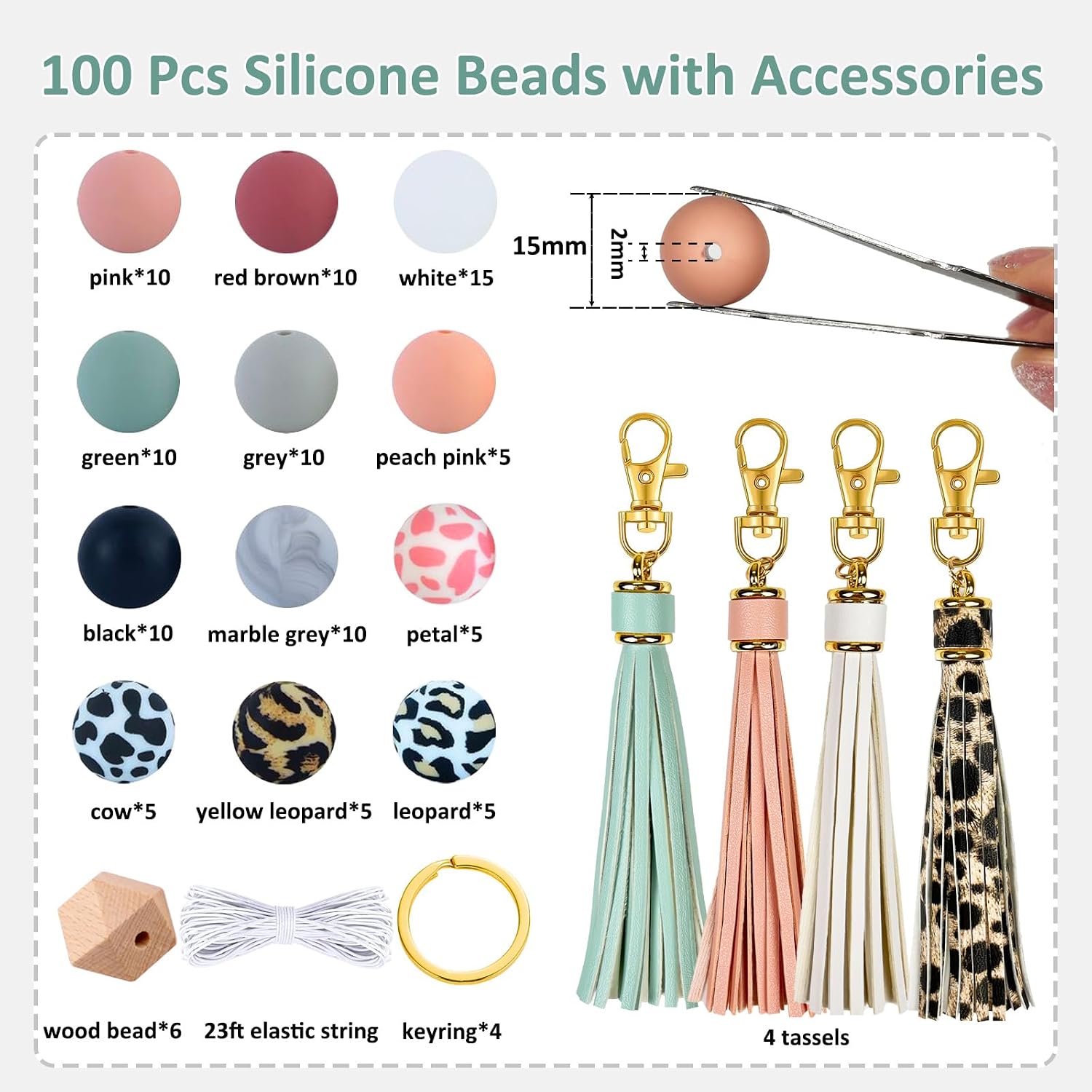 IESCOO 100pcs Silicone Beads for Keychain Making,15mm Rubber Beads kit for Keychain Bracelet Lanyards Pens with Key Rings and Tassels