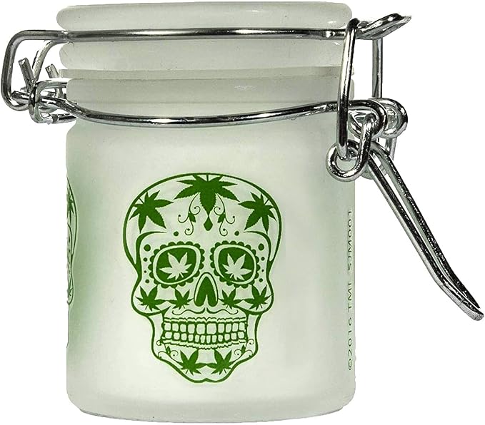 Airtight Glass Herb Mini Stash Jar with Clamping Lid in Choice of Design (Frosted Sugar Skull, Small)