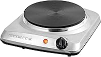 OVENTE BGS101S 1000W Electric Single Burner: 7.25" Cast Iron Hot Plate, 5 Temp Levels, Stainless Steel Countertop Cooktop - Compact Portable Stove