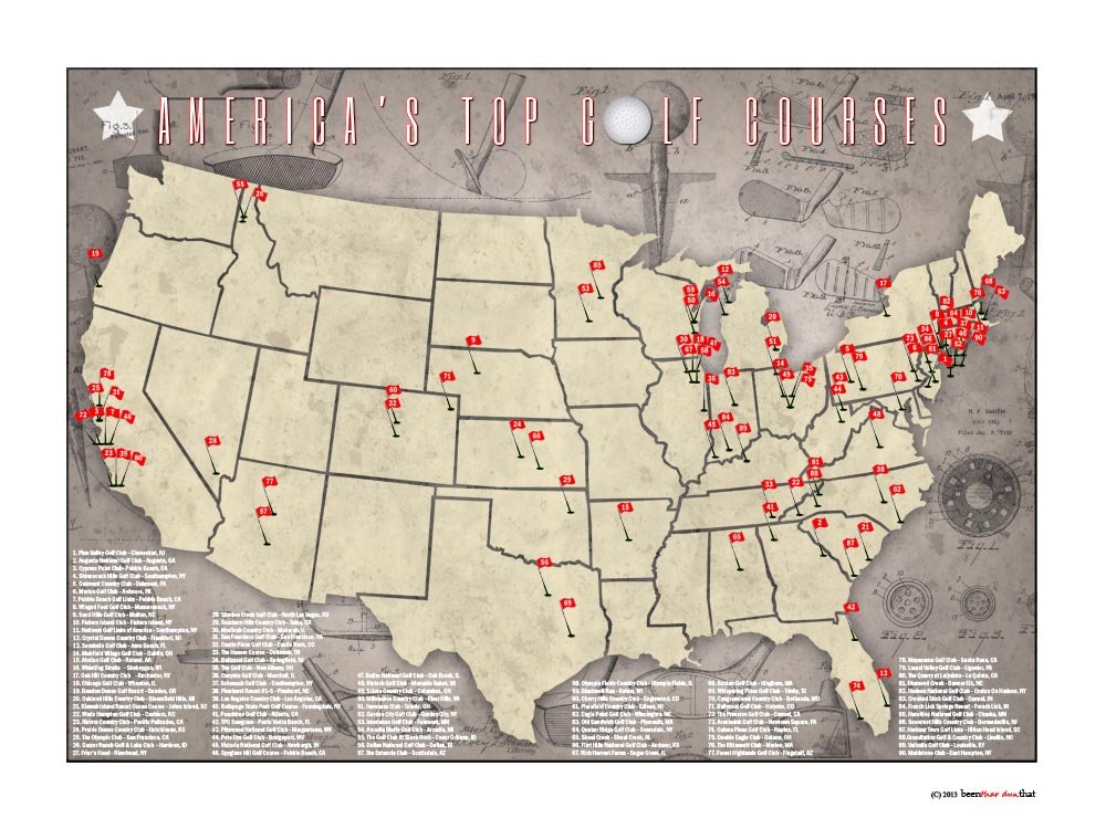 Benthar Dunthat PGA Pro Golfer Top US Golf Courses Tracking Location Golfing Map Print, 24x18
