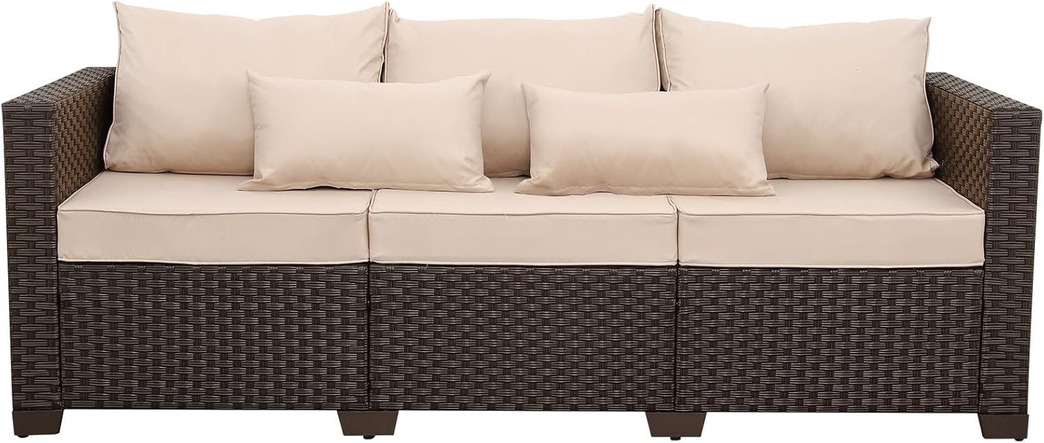 Outdoor Furniture Couch 3 Seater Sofa Outdoor Brown Wicker Sofa Deep Seat High Backrest Patio Couch with Non-Slip Cushions Waterproof Cover, Khaki
