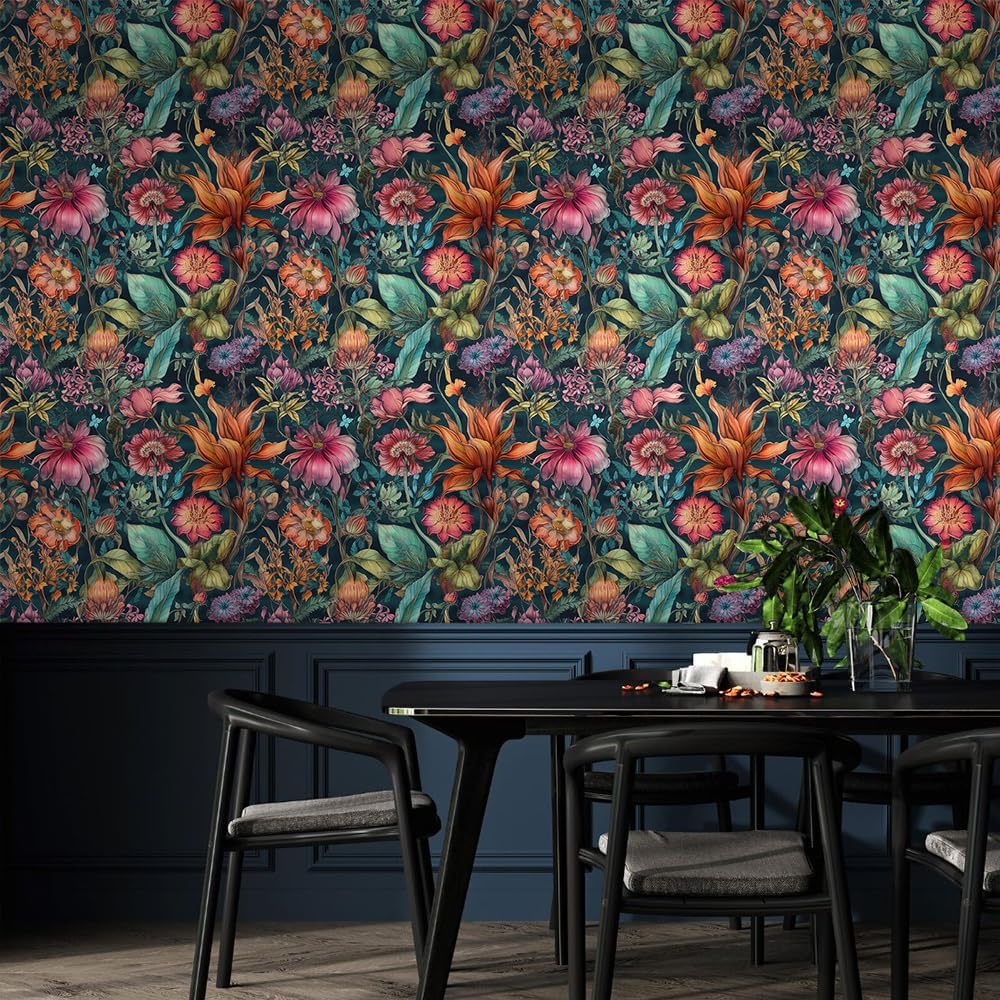 Dark Black Mystic Floral Garden Purple Pink Exotic Leaf Botanical Peel and Stick Wallpaper Easy Peel Off Contact Paper Stick on Adhesive Wall for Bathroom Waterproof Renter Friendly