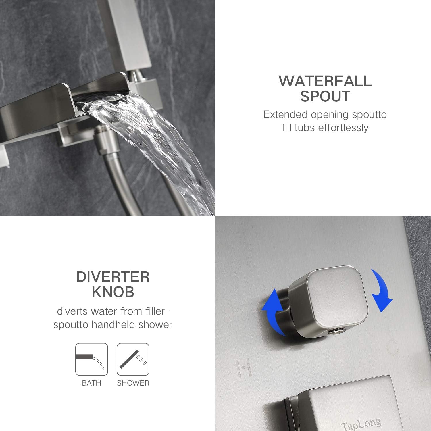 Product Deal TapLong Wall Mounted Bathtub Faucet with Sprayer, Single Handle Tub Filler with Hand Shower, 3 Holes Contemporary Waterfall Tub Faucet (Rough-in Valve and Trim Kit Included), Brushed Nickel, 00141S