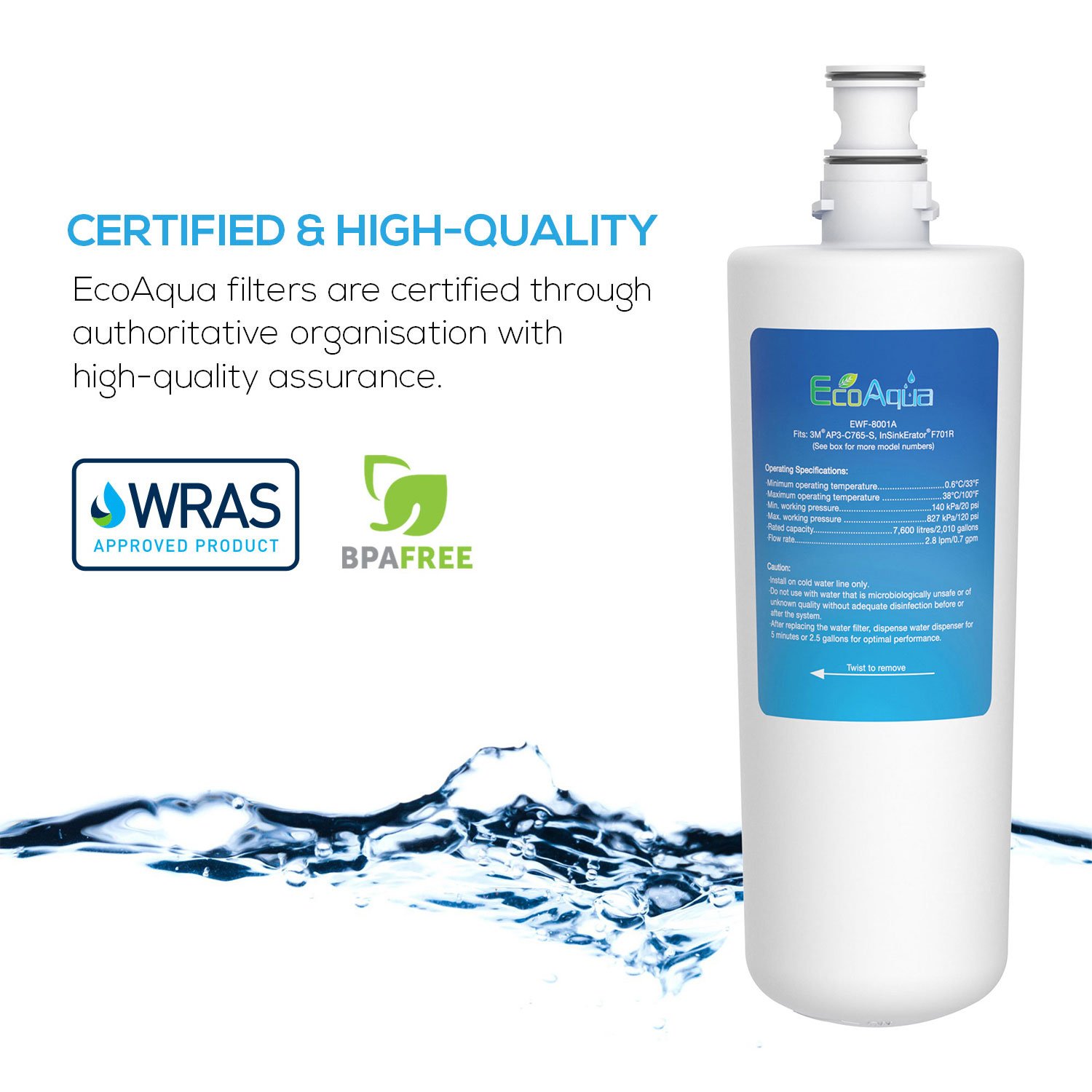 EcoAqua EWF-8001A Filtro Acqua Sostitutivo - Compatibile Con InSinkErator F701R, 3M AP3-765S, Whirlpool - Certificato WRAS, Carbone Attivo Di Cocco (2 Pezzi)