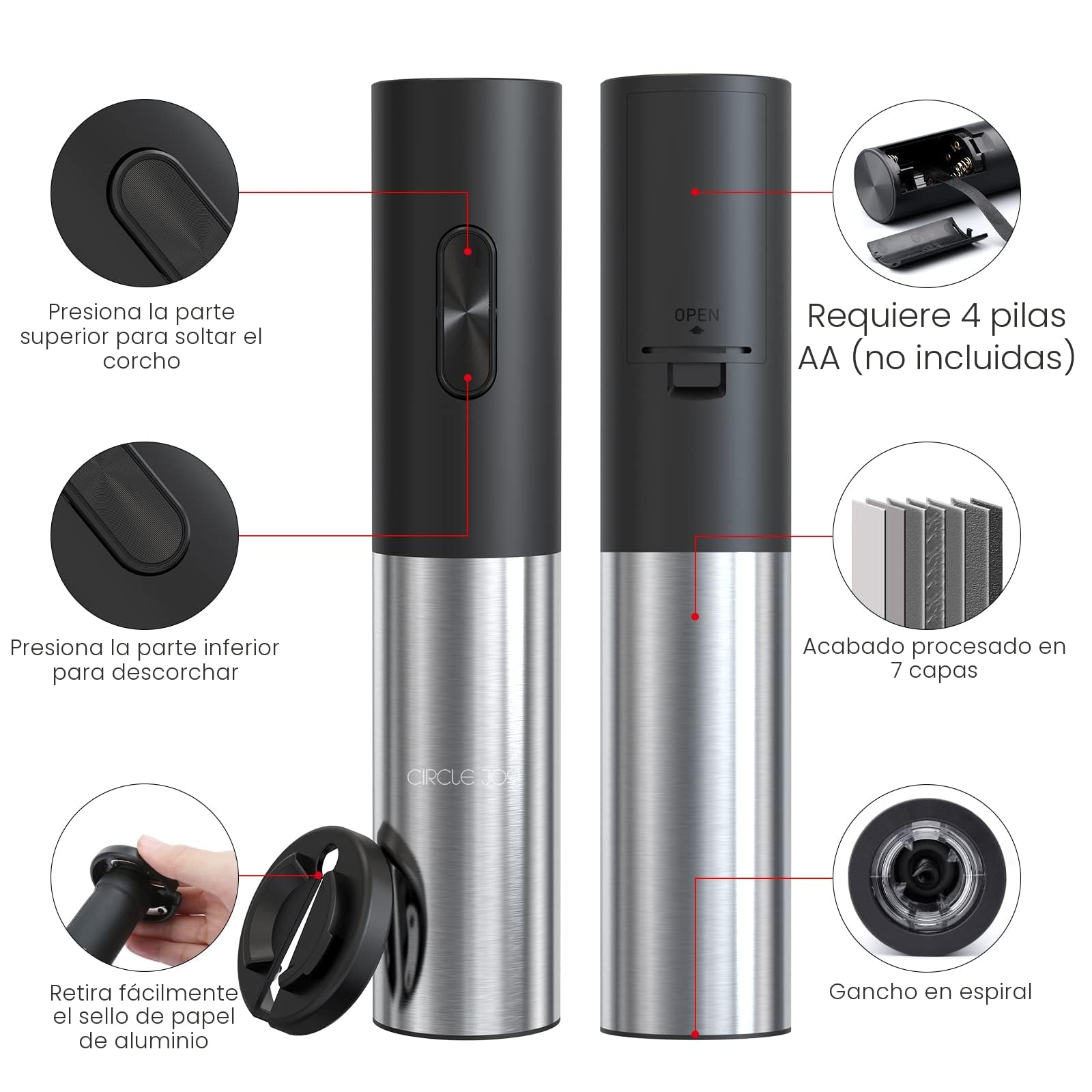 CIRCLE JOY Sacacorchos Eléctrico Abridor de Vino Automático con Cortador de Lámina Bloqueable