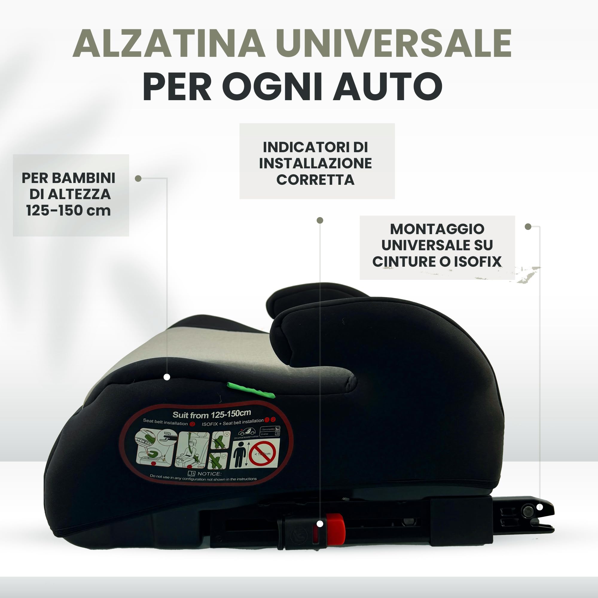 Mein Alzatina Auto Bimbi Isofix Rialzo Auto per Bambini 22-36kg Sistema Isofix Universale Seggiolino Auto gruppo 2-3 Adatto da 5-12 Anni per Bambini 125-150 cm (GRIGIO)
