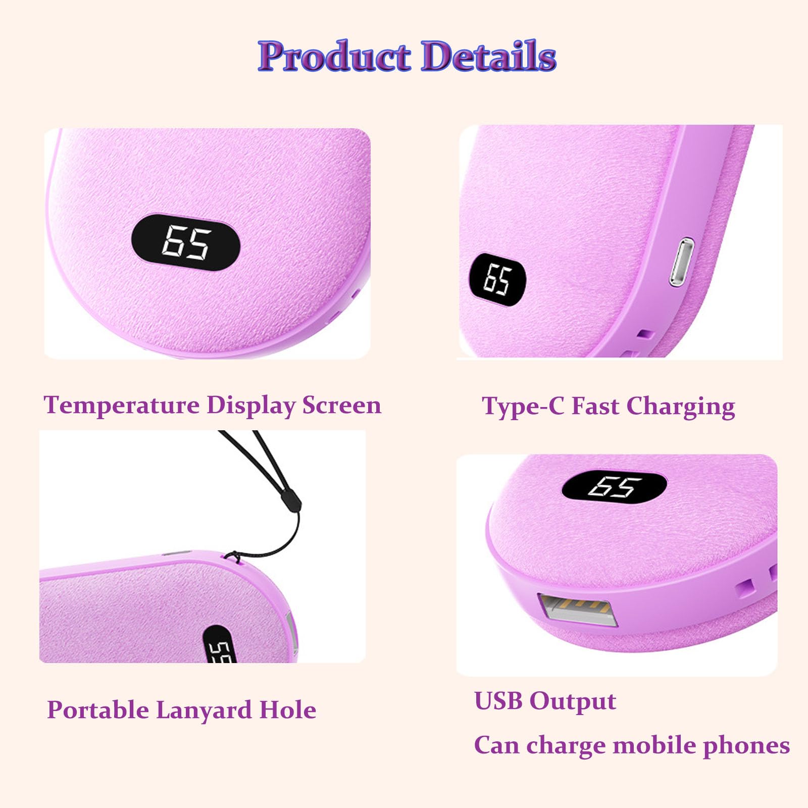 Scaldamani Elettrici, Ricaricabili, Split Magnetico, Portatile USB Elettrico, Power Bank, Tascabile per Campeggio, Caccia, Pendolarismo, Regalo UomoPurple,One Size