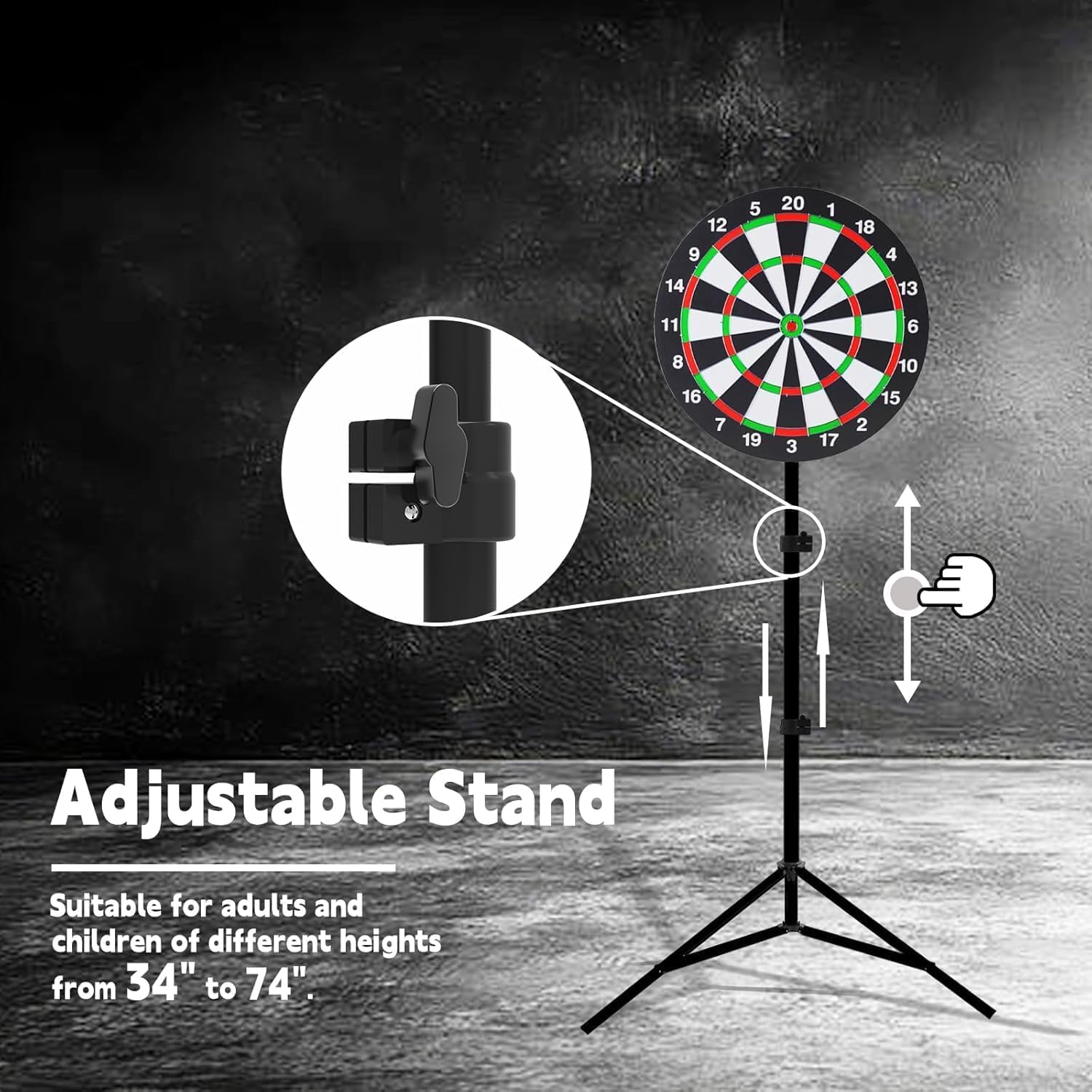 Cible de fléchettes avec support, hauteur réglable de 86 à 188 cm, cible de fléchettes de 46 cm, trépied stable, design portable avec 6 fléchettes pour voyage, maison, pubs ou jeux de plein air