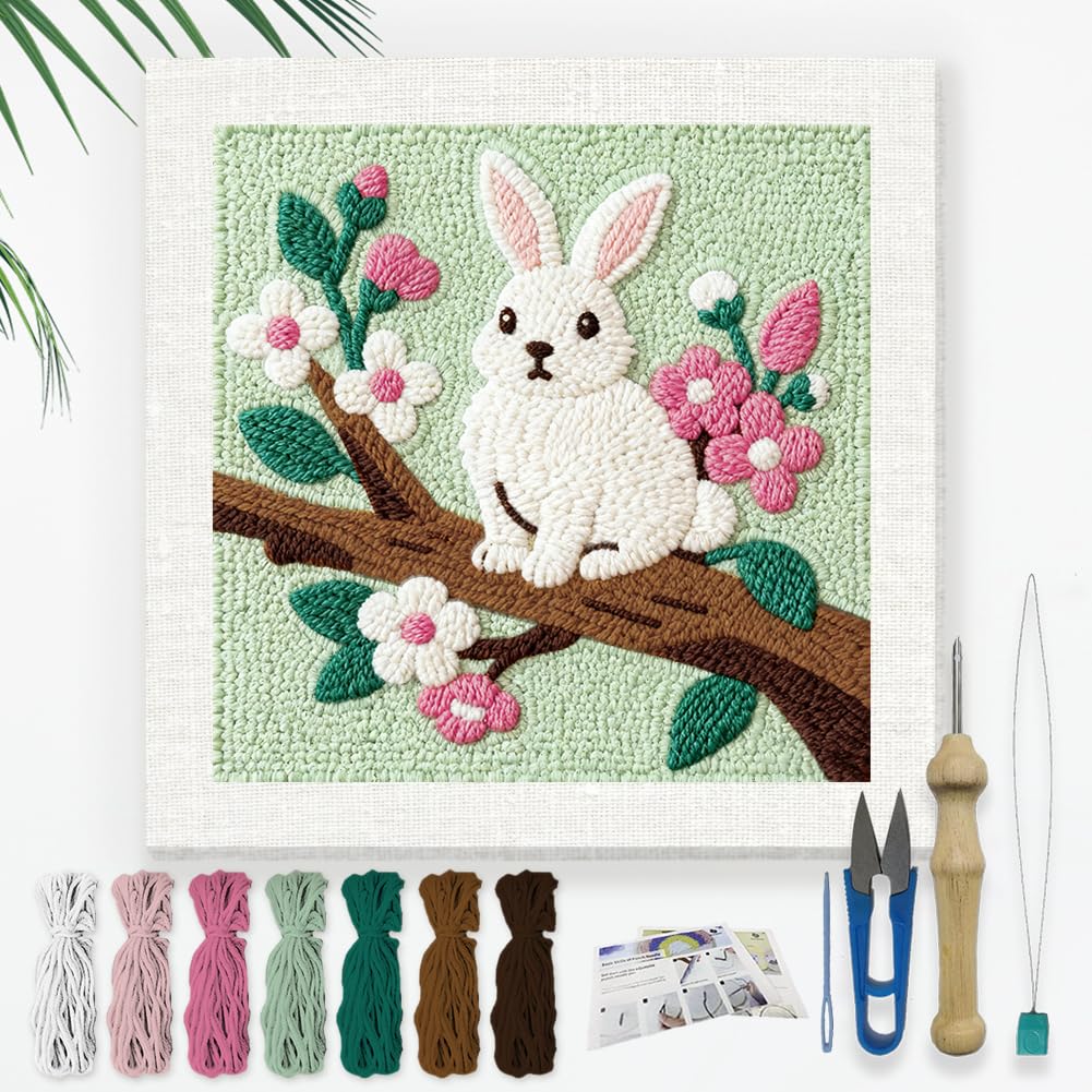 DOODLREAM Rabbit on Branch DIY Punch Needle Embroidery Kit for Adult Beginner, 24cm Bunny Flower Branch Punch Stitching Craft Set for Starter with Frame, Fabric Pattern, Threader, Yarn, Punch Needle
