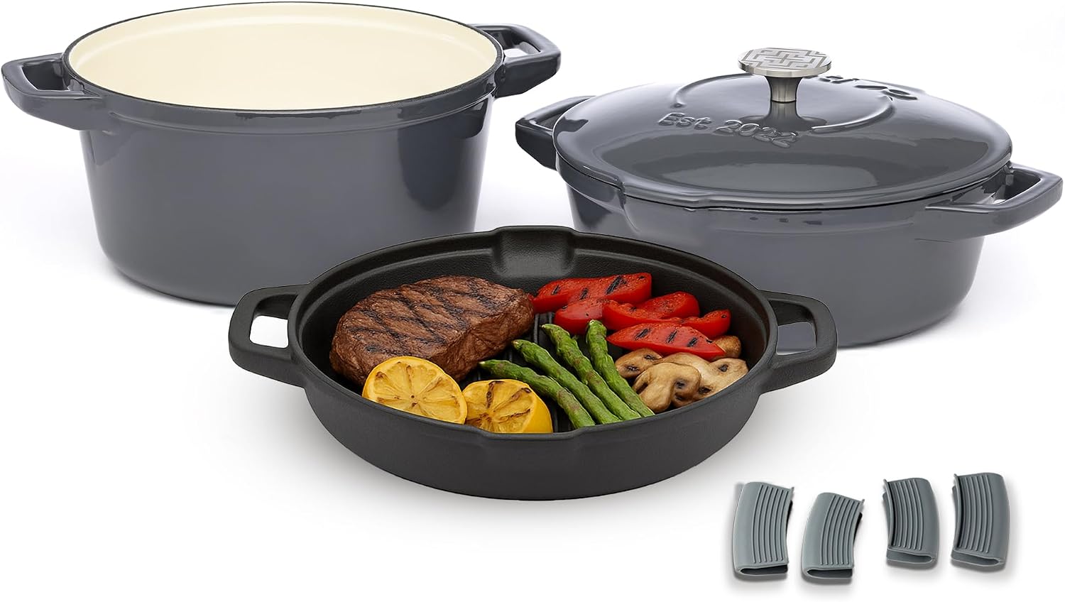 NATIVO 5pc Stackable Cast Iron Cookware Set, Versatile Enamel Dutch Oven, Seasoned Grill Pan & Enamel Braiser with Precision Pour Spouts, Universal Lid, Included Spacers/Handle Holders, White Dutch