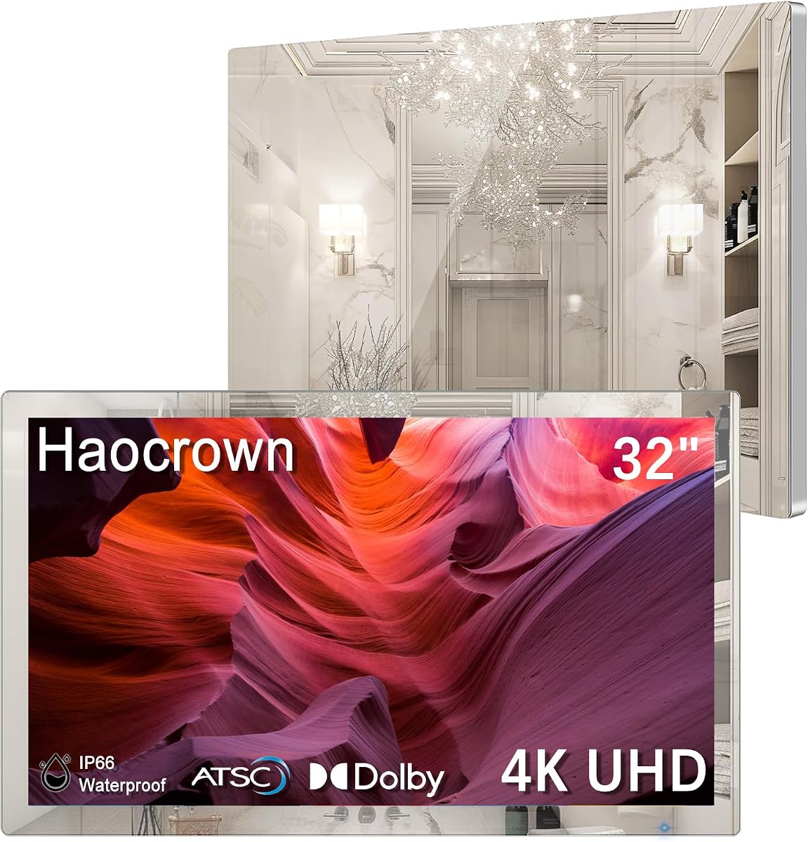 Haocrown 32" 4K Ultra HD Smart Espejo de baño TV, IP66 impermeable, sistema operativo Android 13, control remoto por voz, sintonizador ATSC, 500 Nits de alto brillo, TV montado en la pared para baño, sauna y hotel (marco plateado, 2026)