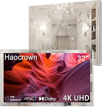 Haocrown 32" 4K Ultra HD Smart Bathroom Mirror TV, IP66 Waterproof, Android 13 OS, Voice Remote, ATSC Tuner, 500 Nits High Brightness, Wall Mounted TV for Bathroom, Sauna & Hotel Silver Frame, 2026