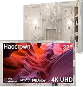 Haocrown Tv Inteligente Para Banheiro 32" 4K Ultra Hd, À Prova D'Água Ip66, Com Espelho, Android 11, Google Assistente Integrado Controle Remoto Por Voz, Sintonizador Atsc (Moldura Prateada, Modelo