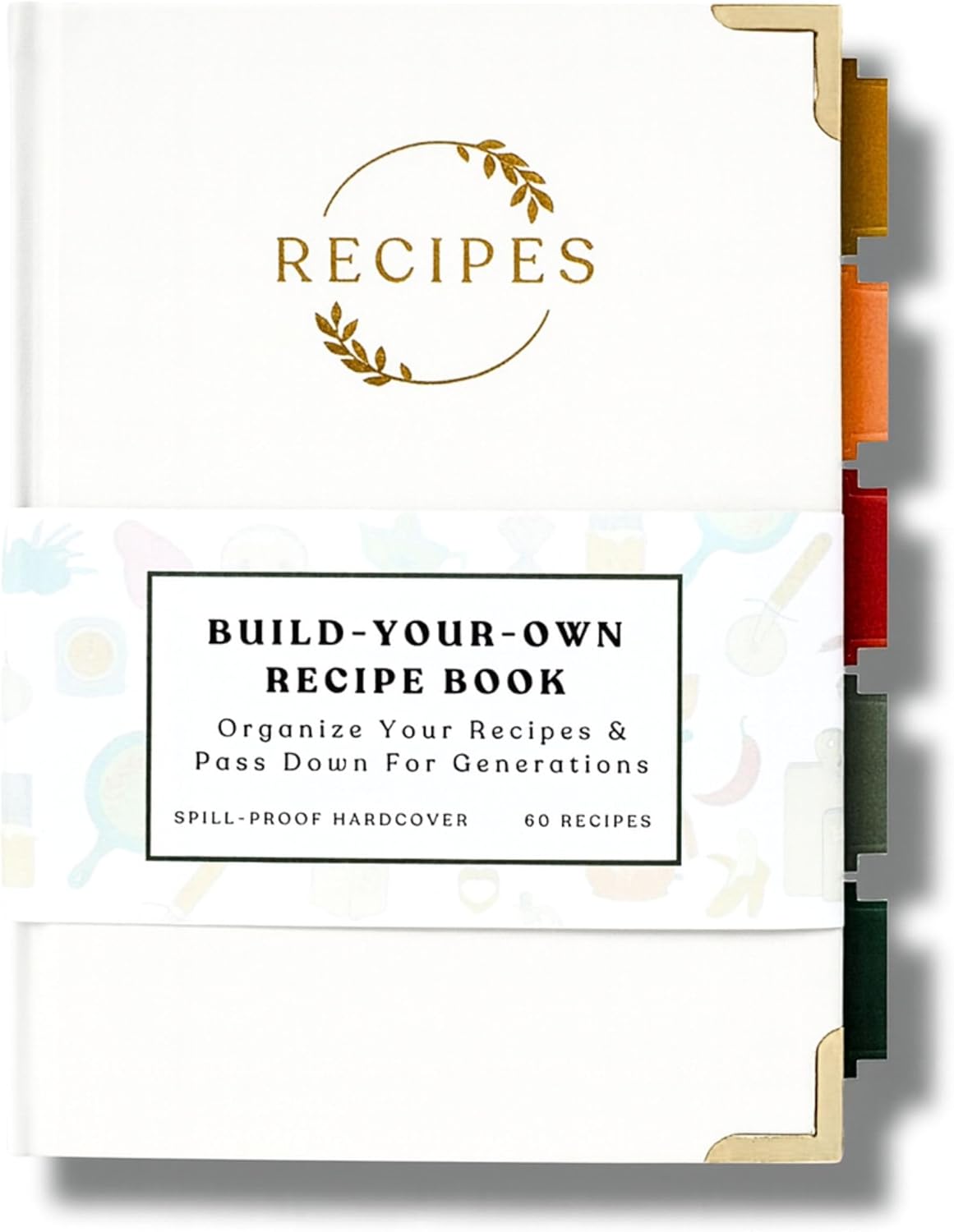 Kikaze Collection Blank Recipe Notebook | Small Blank Recipe Book to Write in Your Own Recipes | Artisan Hardcover Journal for 60 Recipes | 8.4” x 6” Leather White & Gold Hardcover | Tabs, Stickers, Pocket & Bookmarks