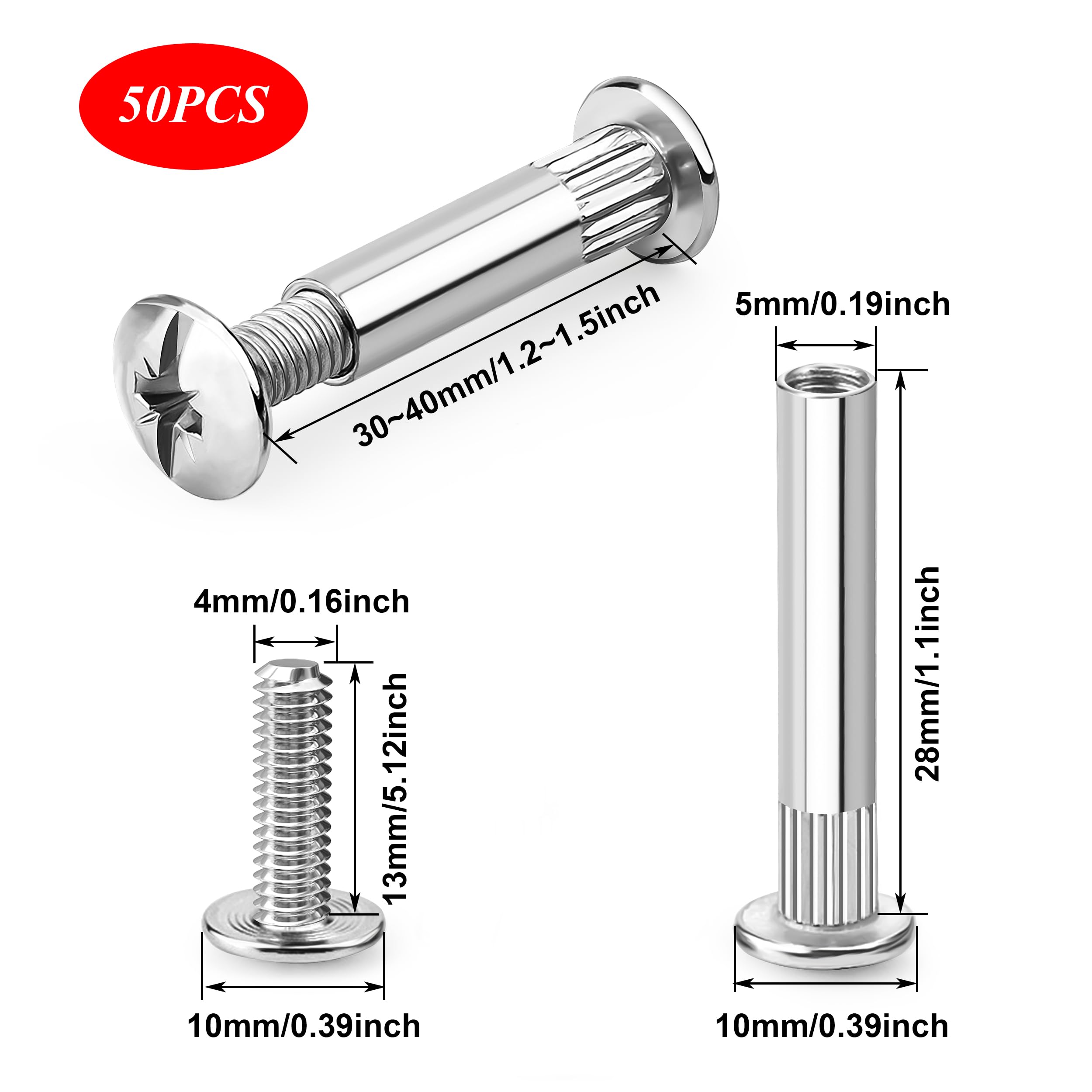Viti Di Collegamento M4 Per Mobili | 50 Pezzi Con Manicotto | Acciaio Nichelato