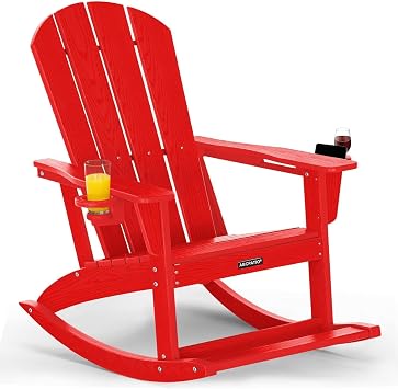 Outdoor Oversized Adirondack Rocking Chairs, All Weather HDPE Patio Rocking Chairs with Footboards and 2 Cup Holders for Lawn, Garden, Backyard, Red Wood Grain Finish