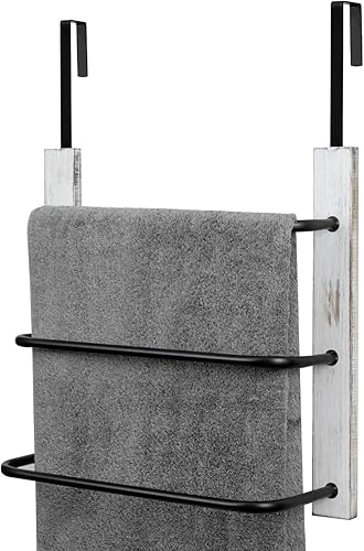 MyGift Toallero moderno para colocar sobre la puerta en madera maciza lavada en blanco desgastado y barras de metal negro mate de 3 niveles, ahorro