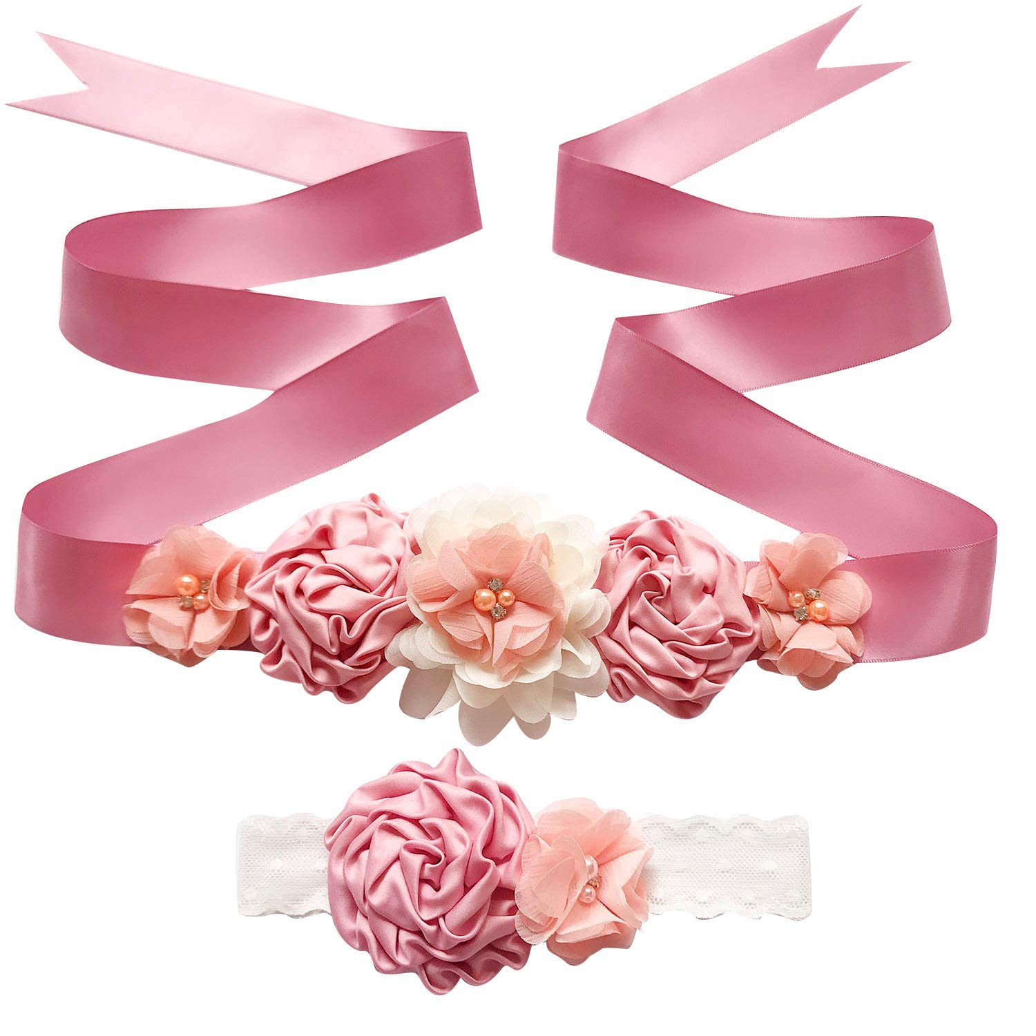 TeeYeeWomen/Girls’ Bridal Sash Belt With Rhinestone And Flower Girl Belt Lace Headband Set