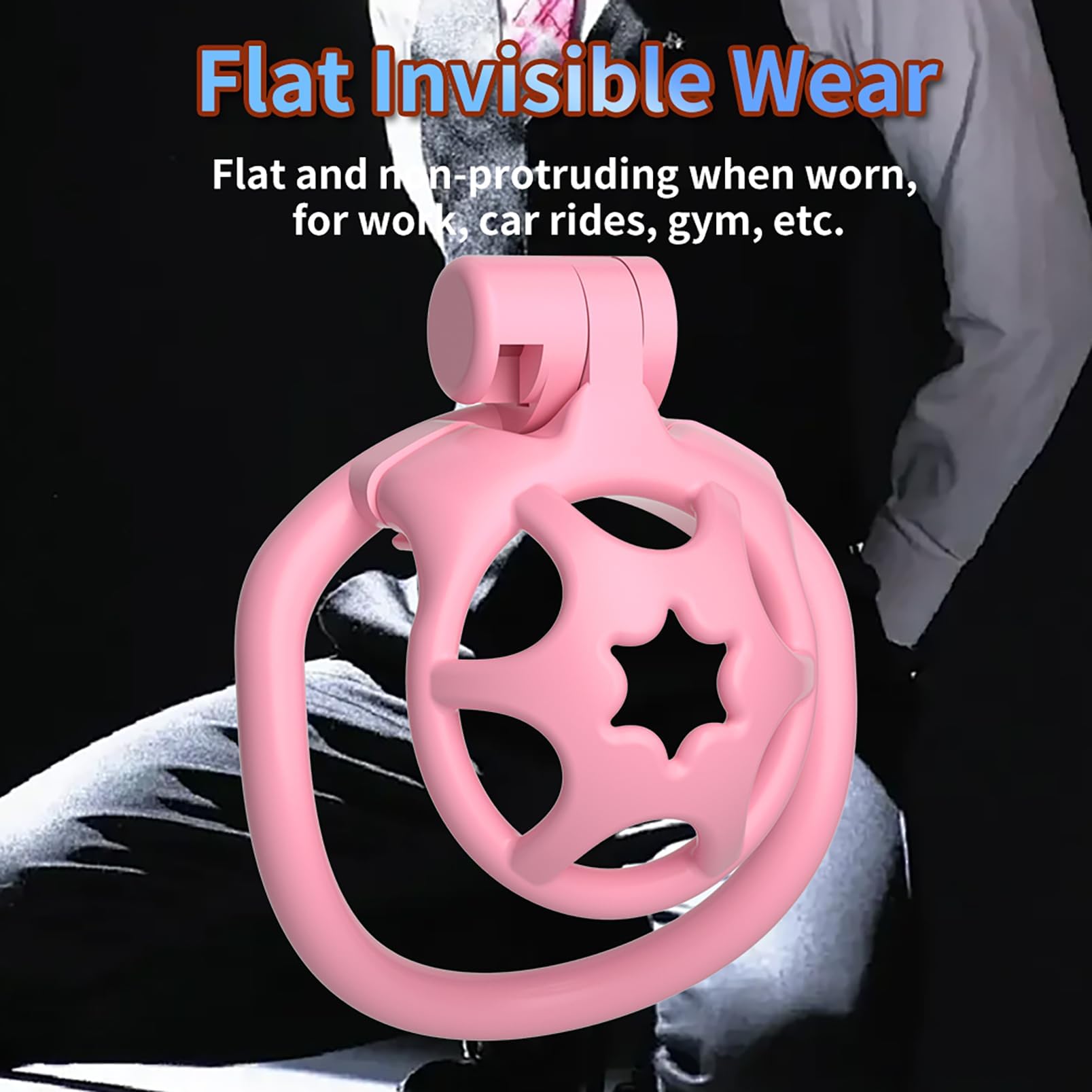 Jaula de castidad transpirable Starlight para hombres con 4 anillos para el pene. Diseño de ángulo amplio. Jaula para el pene. Juguetes sexuales invertidos (Pink)