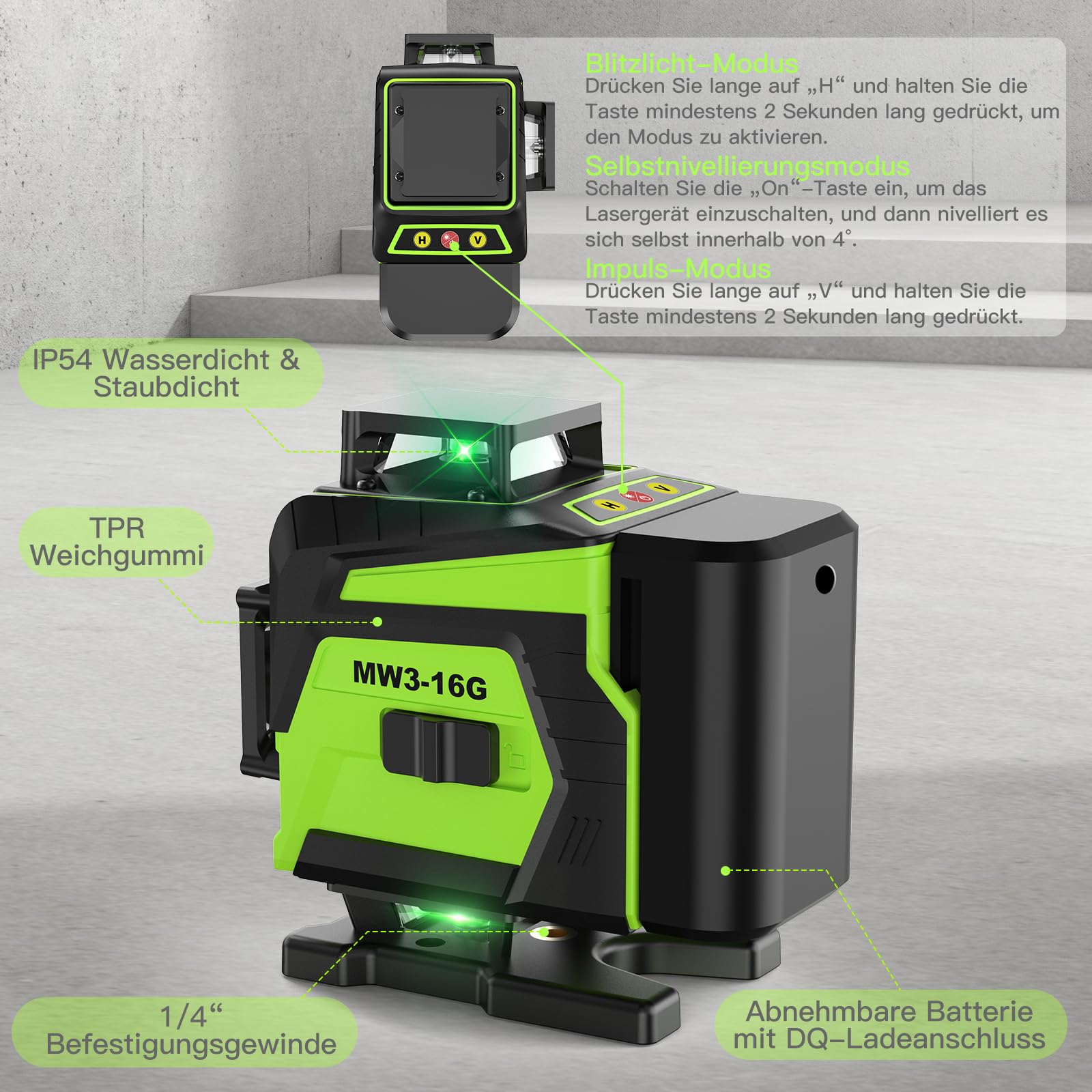 Kreuzlinienlaser Grün 16 Linien Nivellierlaser mit Stativ, 4 x 360 ° Laser Wasserwaage, Linienlaser Kreuzlaser Selbstnivellierend für Innenbereich Baustelle, 2 x Batterie Vermessungskabine