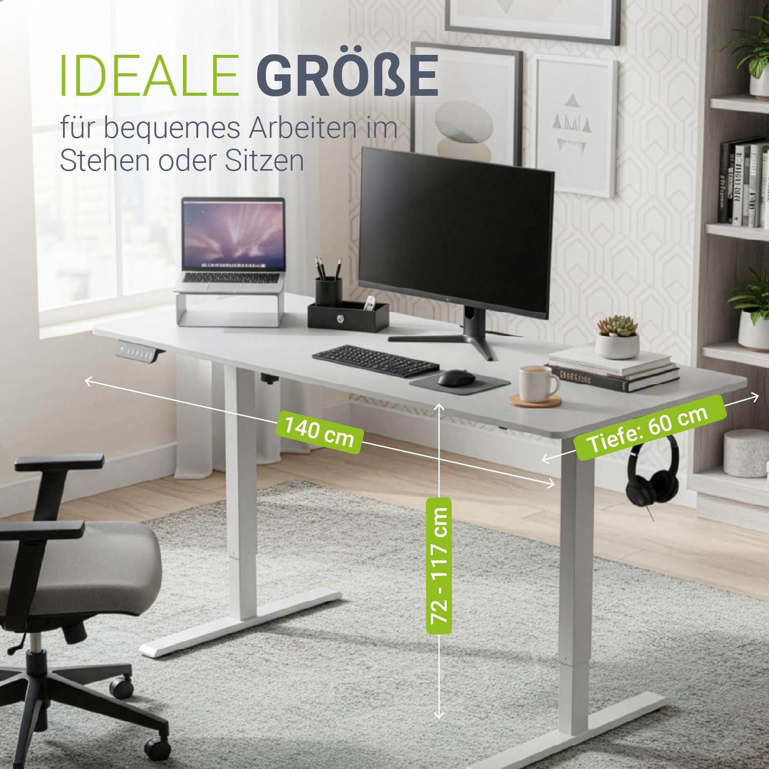 Juskys Höhenverstellbarer Schreibtisch 140x60cm - Elektrisch stufenlos verstellbar Bürotisch Sitz- & Stehtisch Speicherplatz Memory-Funktion - Weiß