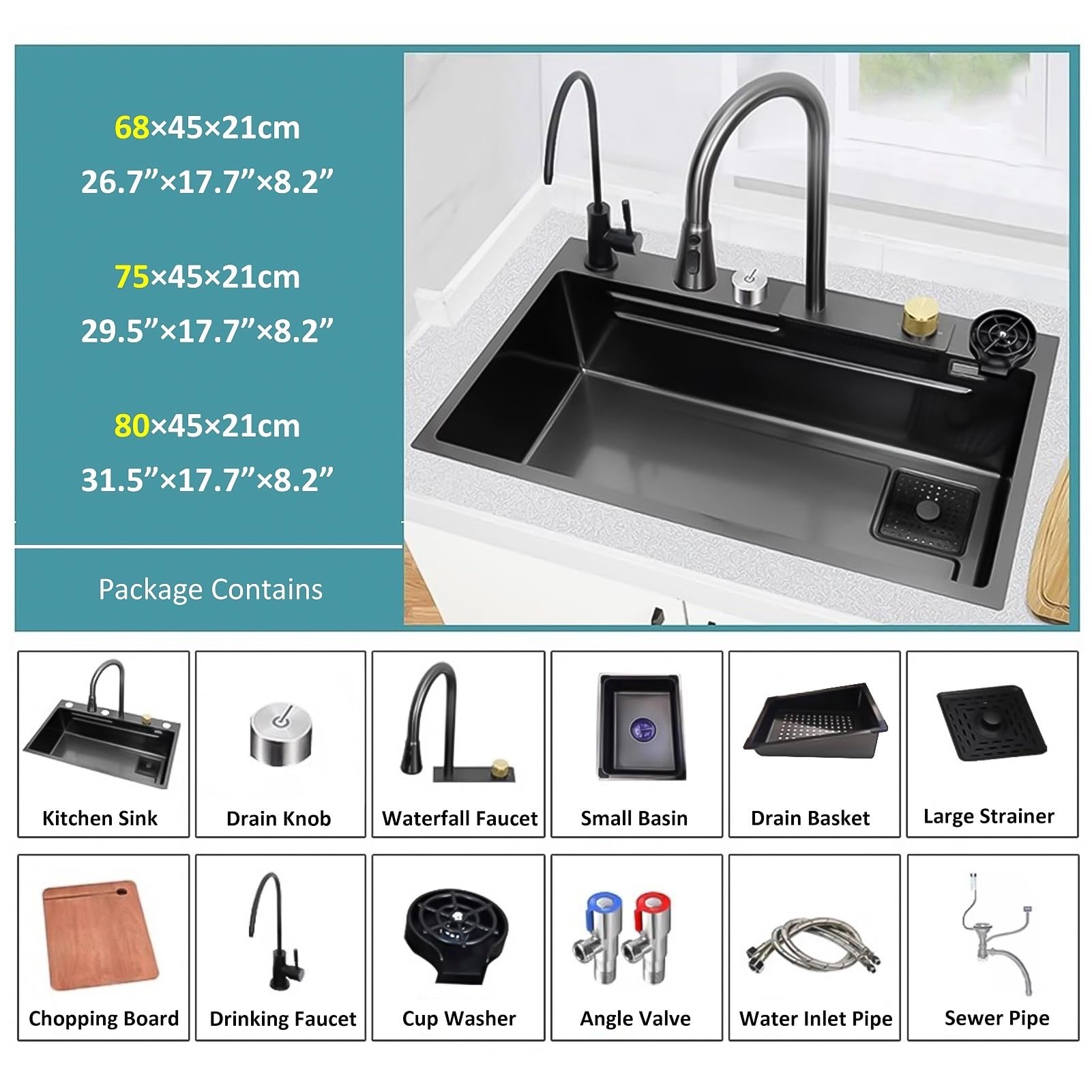 Lavello da Cucina a Cascata di Grandi Dimensioni con Rubinetto Estraibile, lavabicchieri, Accessori di Scarico, lavello da Lavoro in Acciaio Inox, Vasca Singola per Bar, Camper, in