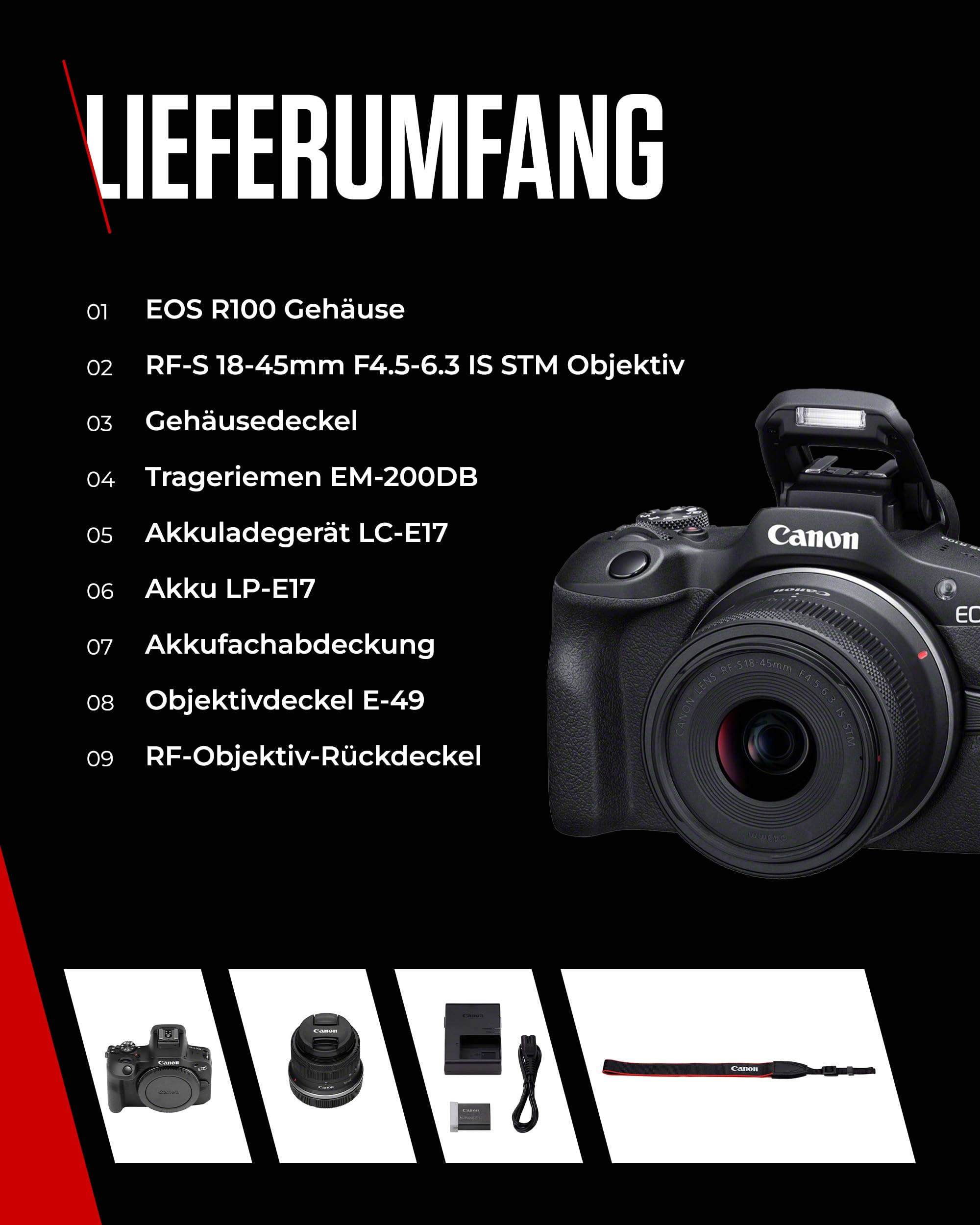 Canon EOS R100 mit RF-S 18–45mm – 24,1 MP APS-C Systemkamera – Dual Pixel AF, 4K-Video, 6,5 B/s, Augen- & Gesichtserkennung, WLAN & Bluetooth - Perfekt, um kostbare Erinnerungen festzuhalten