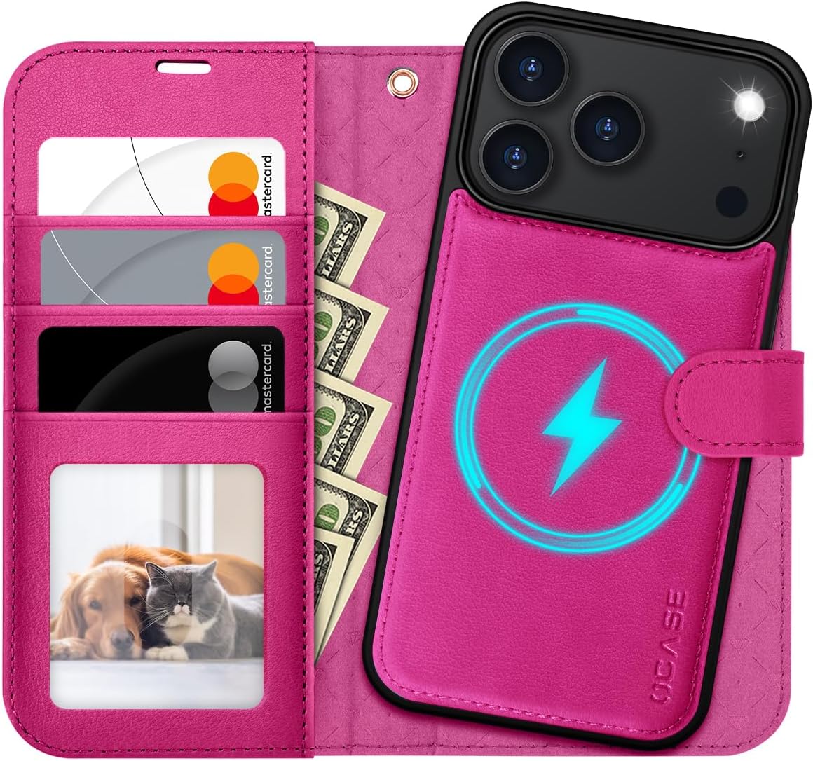 OCASE for iPhone 17 Pro Detachable Wallet Case with Card Holder, 2 in 1 PU Leather Flip Folio with RFID Blocking Stand Wrist Strap Shockproof Phone Cover 6.3 Inch 2025, Rose Rose iPhone 17 Pro