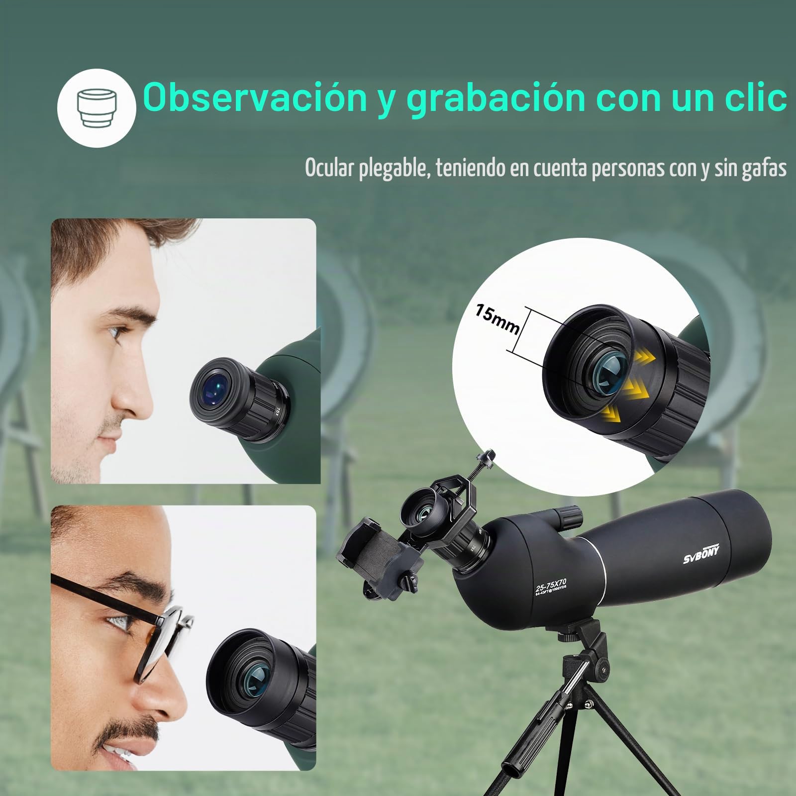 SVBONY, SV28, Telescopio de detección con trípode, ángulo de 25-75 x 70 mm con Adaptador de teléfono, Alcance Impermeable a Prueba de Niebla para observación de Aves o Vida Silvestre y Tiro al