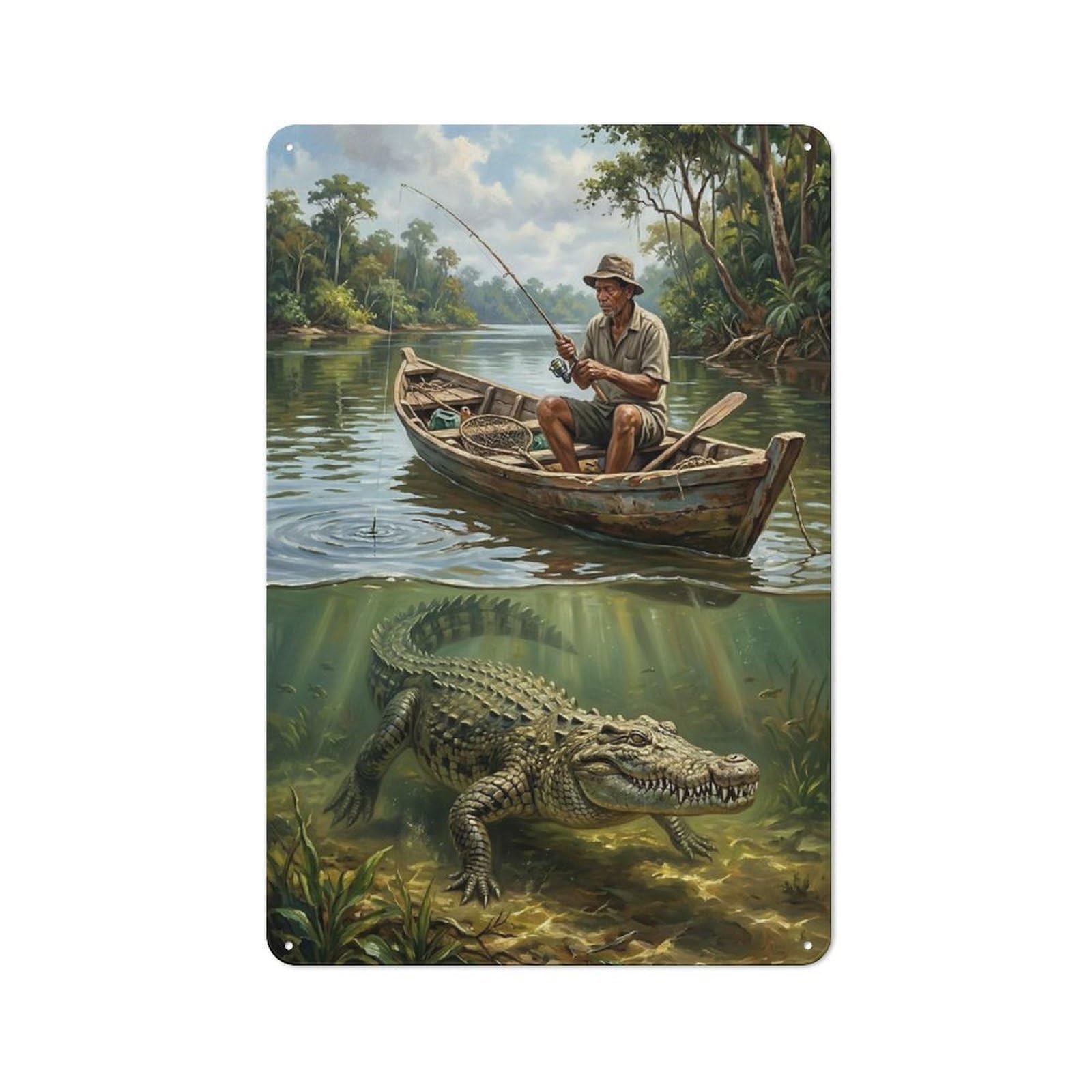 Junmoney Style-4 Fisherman And Crocodile In River Rustic Metal Sign 30X20cm For Pub Or Café, For Collectors Of Rustic Metal Wall Decor