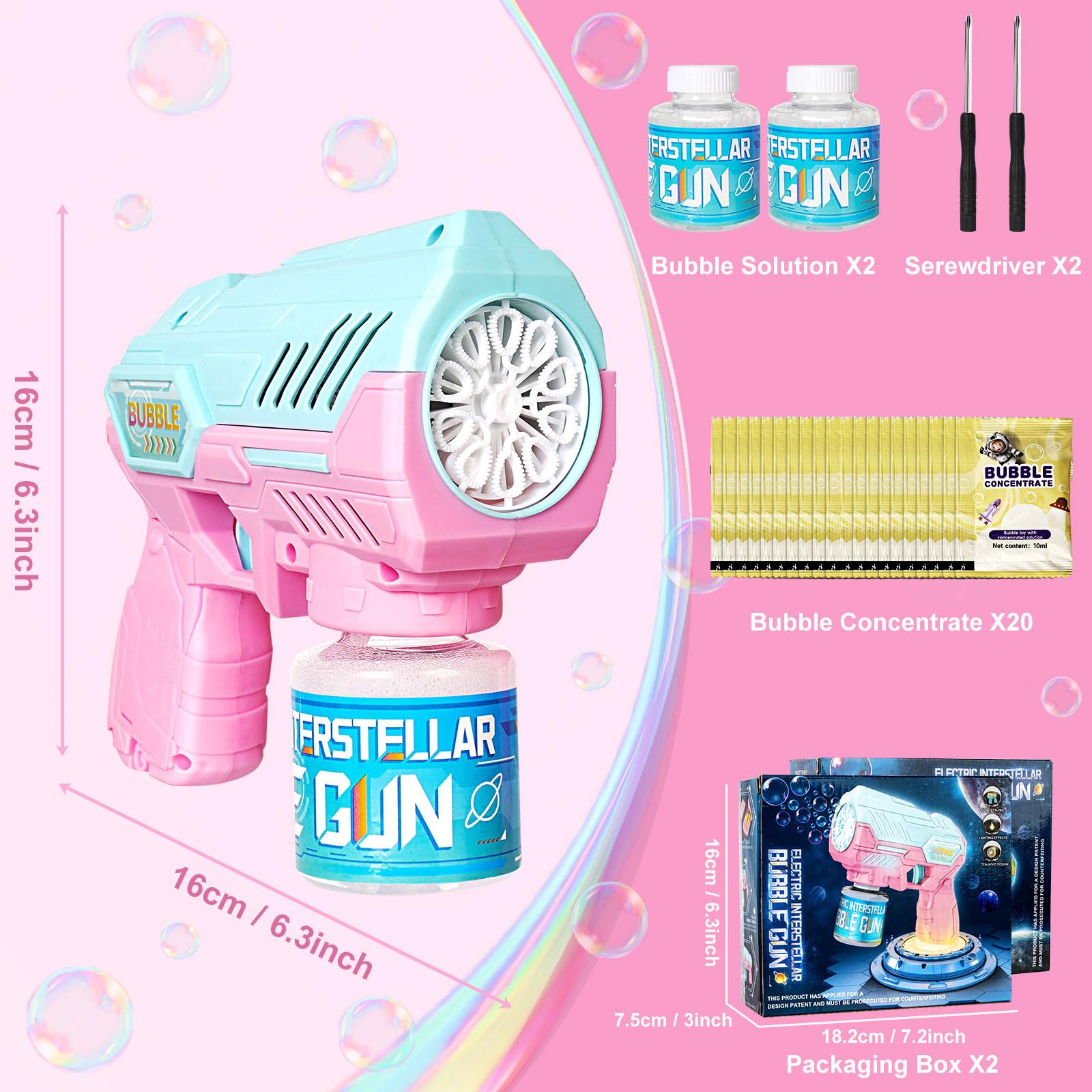 Pistola de Burbujas, Burbujas de Jabon Niños Juego de 2 Piezas - 20 Paquetes de Líquido de Burbujas, Diseño de Colores Combinados, con luz LED, Completamente Automático