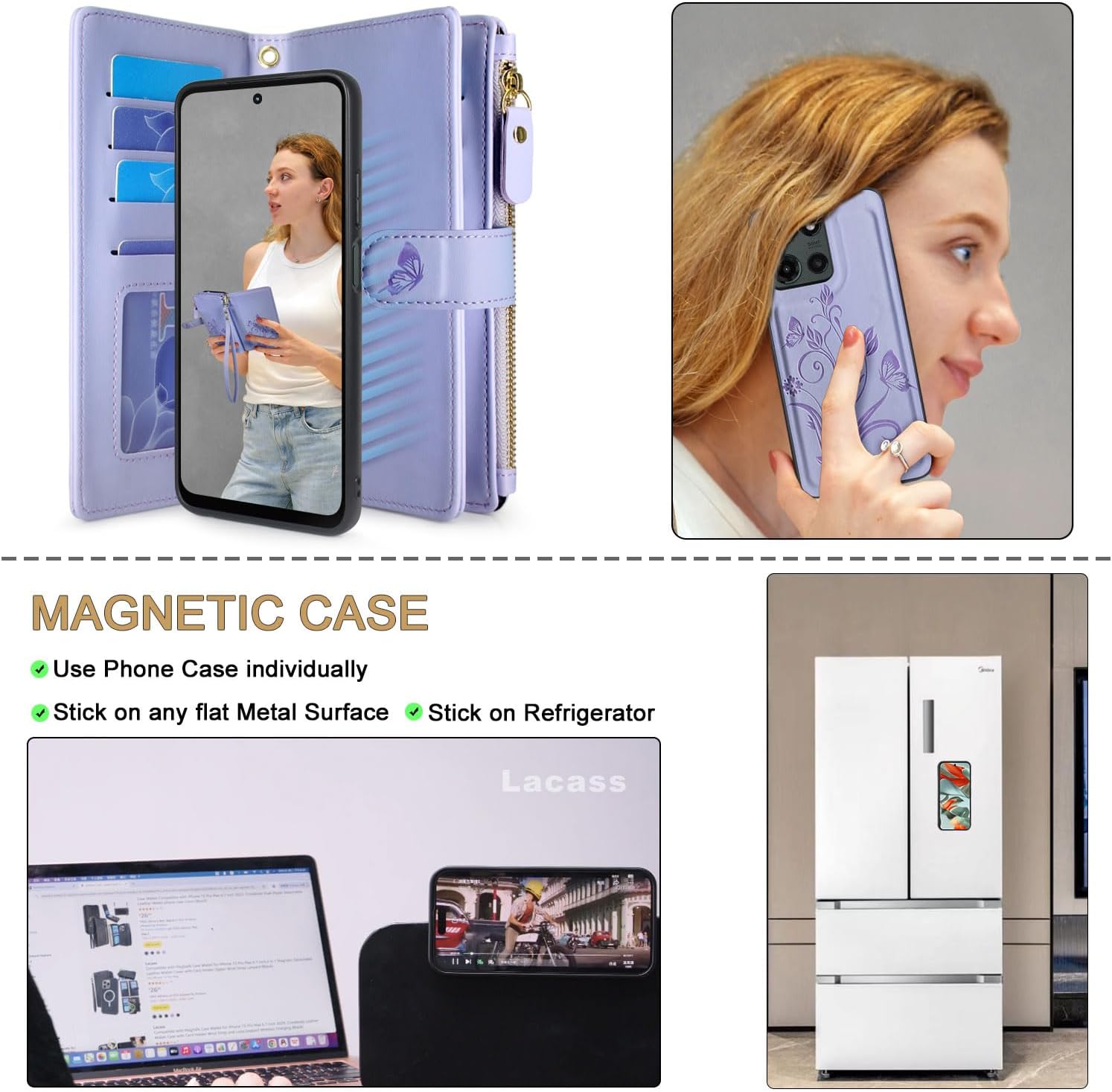 Lacass Case Wallet for Motorola Moto G 5G 2025/2026/ Moto G Play 2026, [12 Card Slots] ID Credit Cash Holder Zipper Pocket Detachable Leather Wallet Cover with Wrist Strap Lanyard,Floral Light Purple