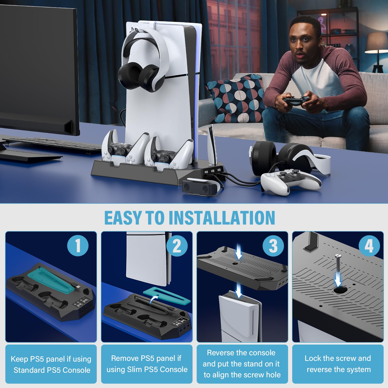 PS5 smukły stojak i stacja chłodząca z kontrolerem do Playsation 5 Slim & Standard Disc/konsola cyfrowa, akcesoria PS5 z ładowarką/wentylatorem turbo/3 koncentratorami USB/stojakiem